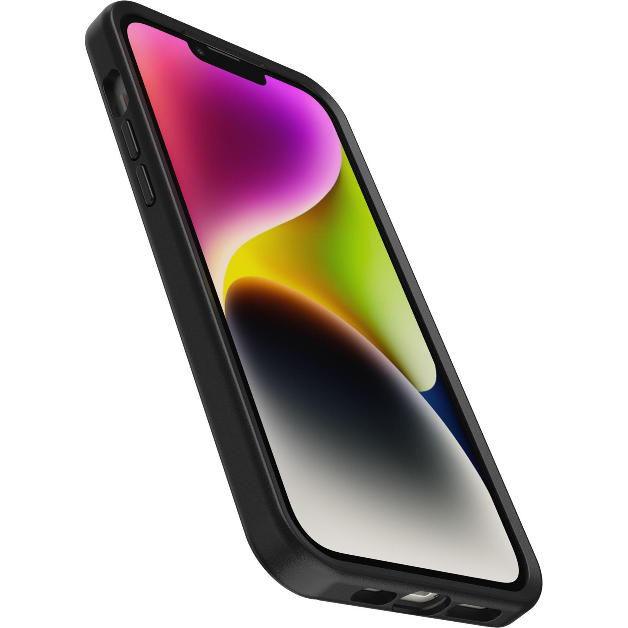 Schwarzes Telefon in einer schwarzen Hülle mit farbenfrohem Hintergrund. Das Telefon ist abgewinkelt.