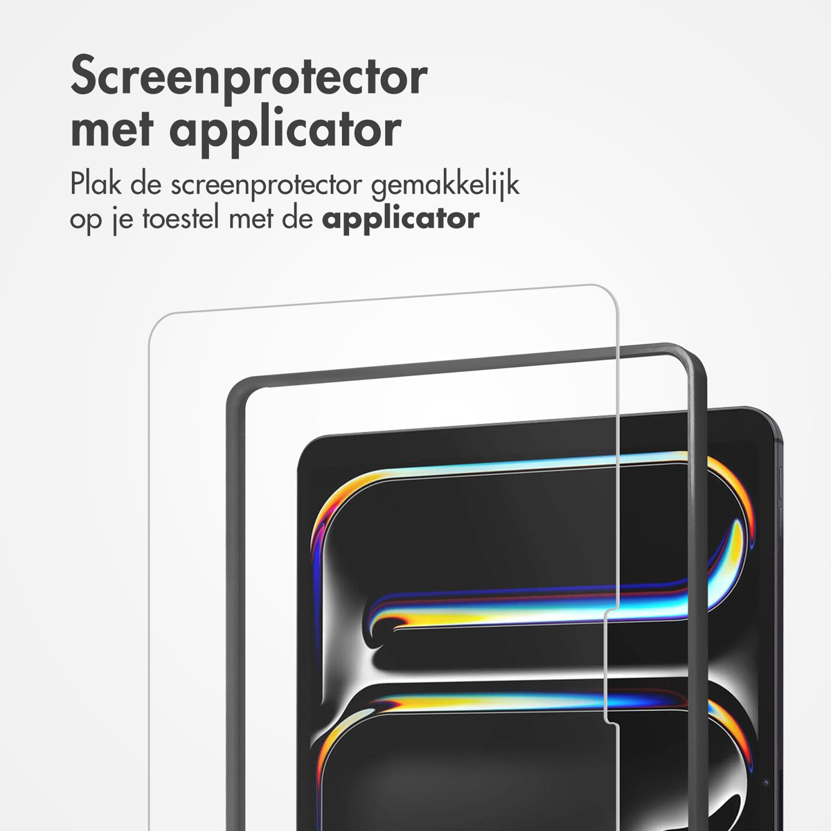 Protezione schermo su tablet con applicatore. Testo: Facile installazione.