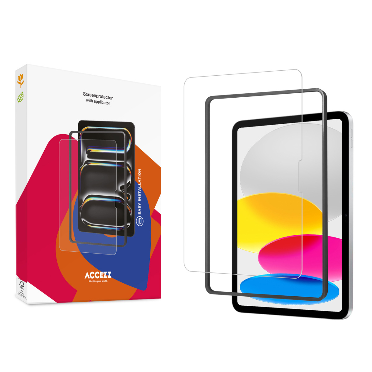 Scatola per protezione schermo e tablet con protezione applicata. Testo: Facile installazione.