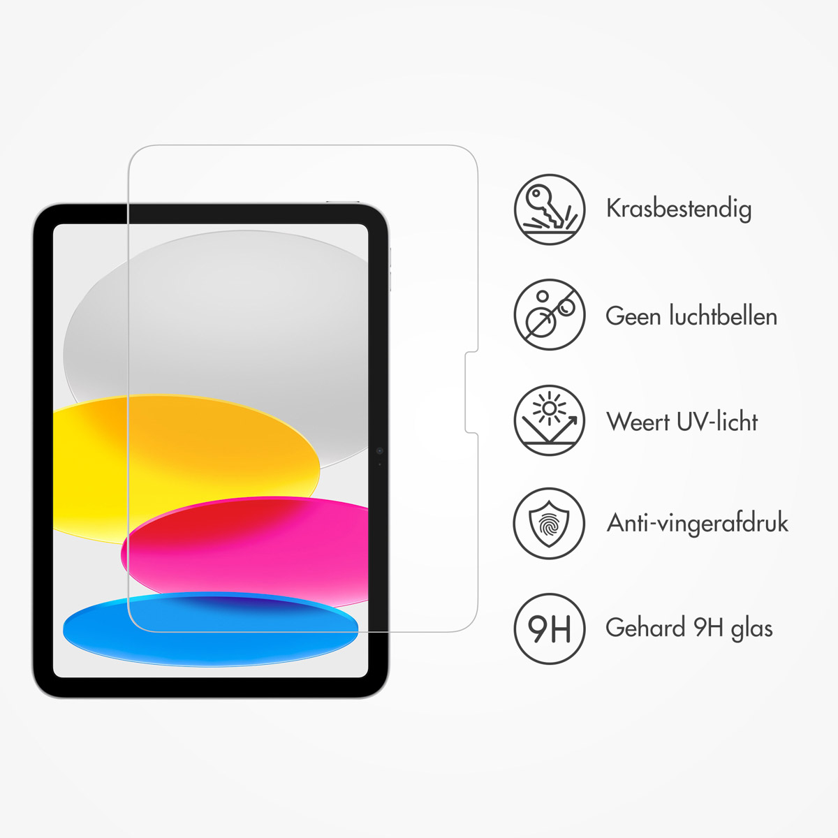 Pellicola protettiva per tablet con icone delle funzioni chiave. La protezione è su un tablet.