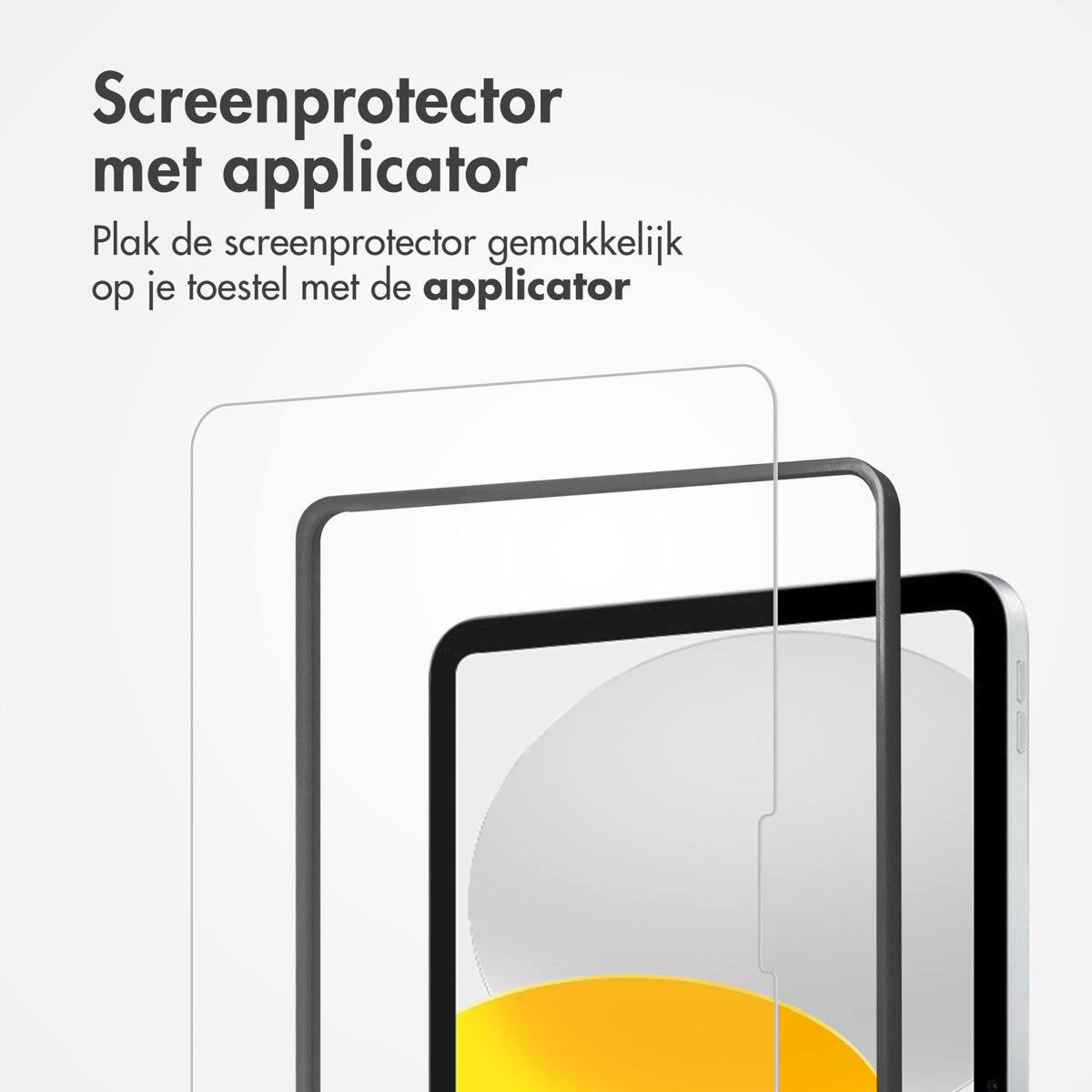 Proteggi schermo con applicatore. Due strati di pellicola e un tablet. Testo in olandese.