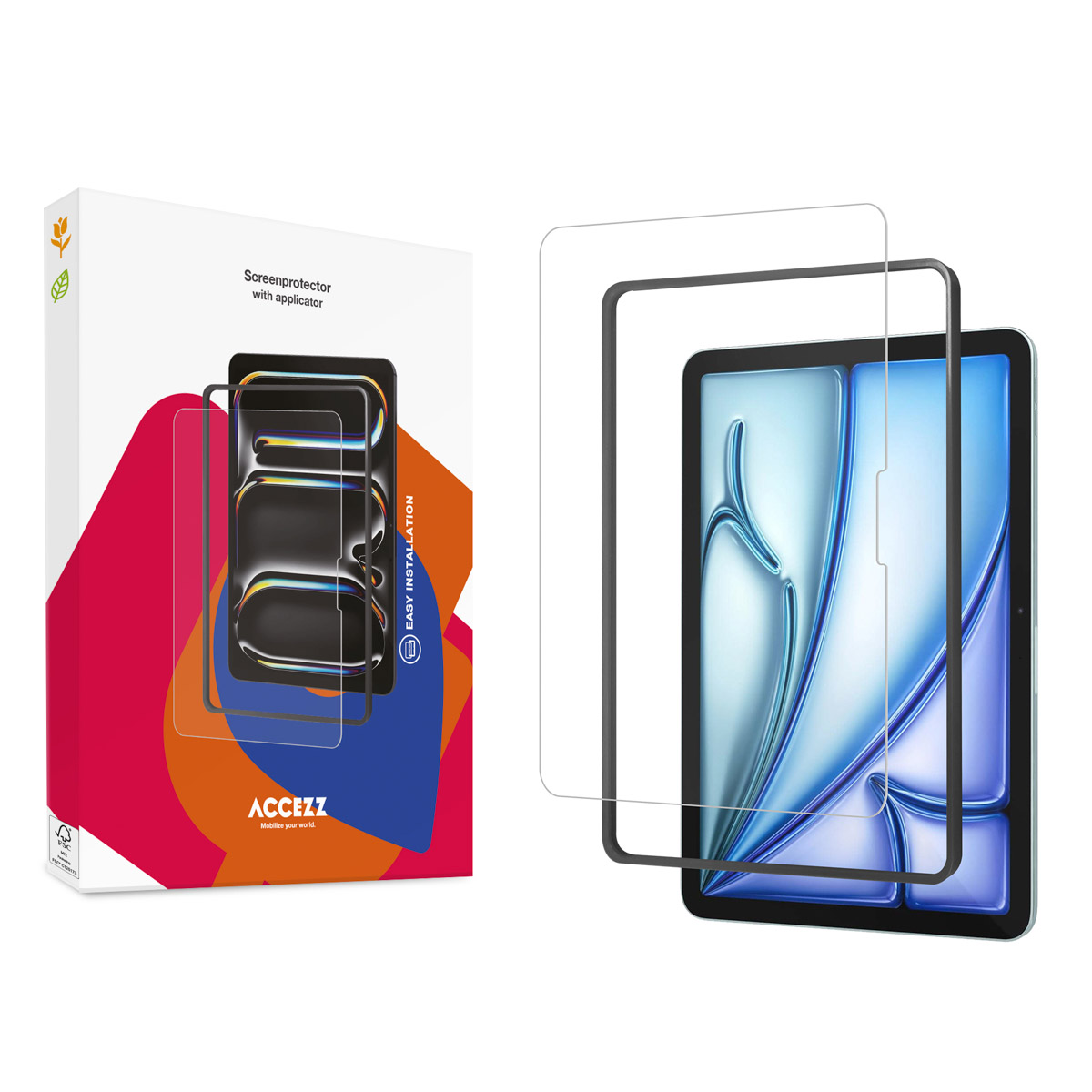 Pellicola protettiva per tablet e scatola. Tablet e protezione schermo visualizzati. Testo di facile installazione.