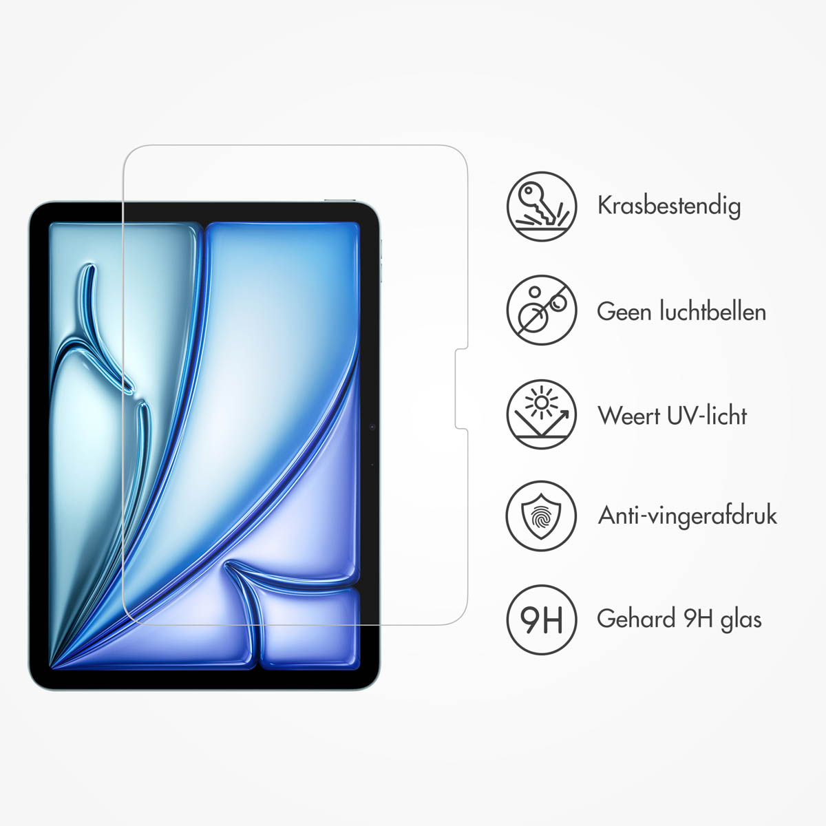 Un proteggi schermo su un tablet con testo e icone. Il testo è in olandese. Sfondo bianco.
