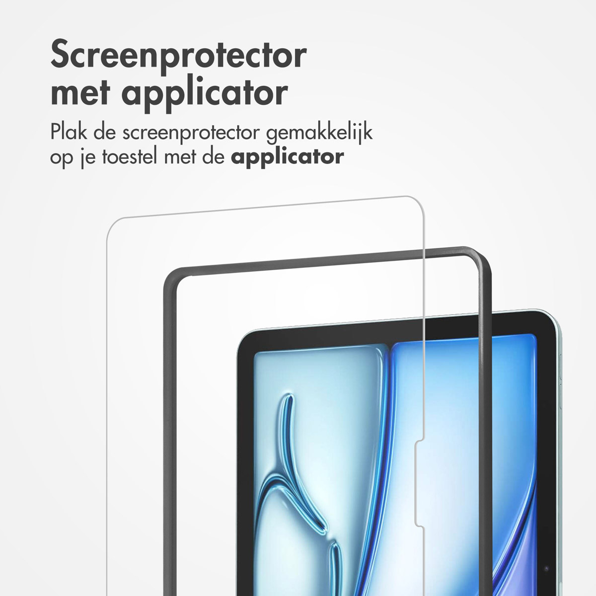 Una protezione per lo schermo e un applicatore su un tablet. La protezione per lo schermo è trasparente.