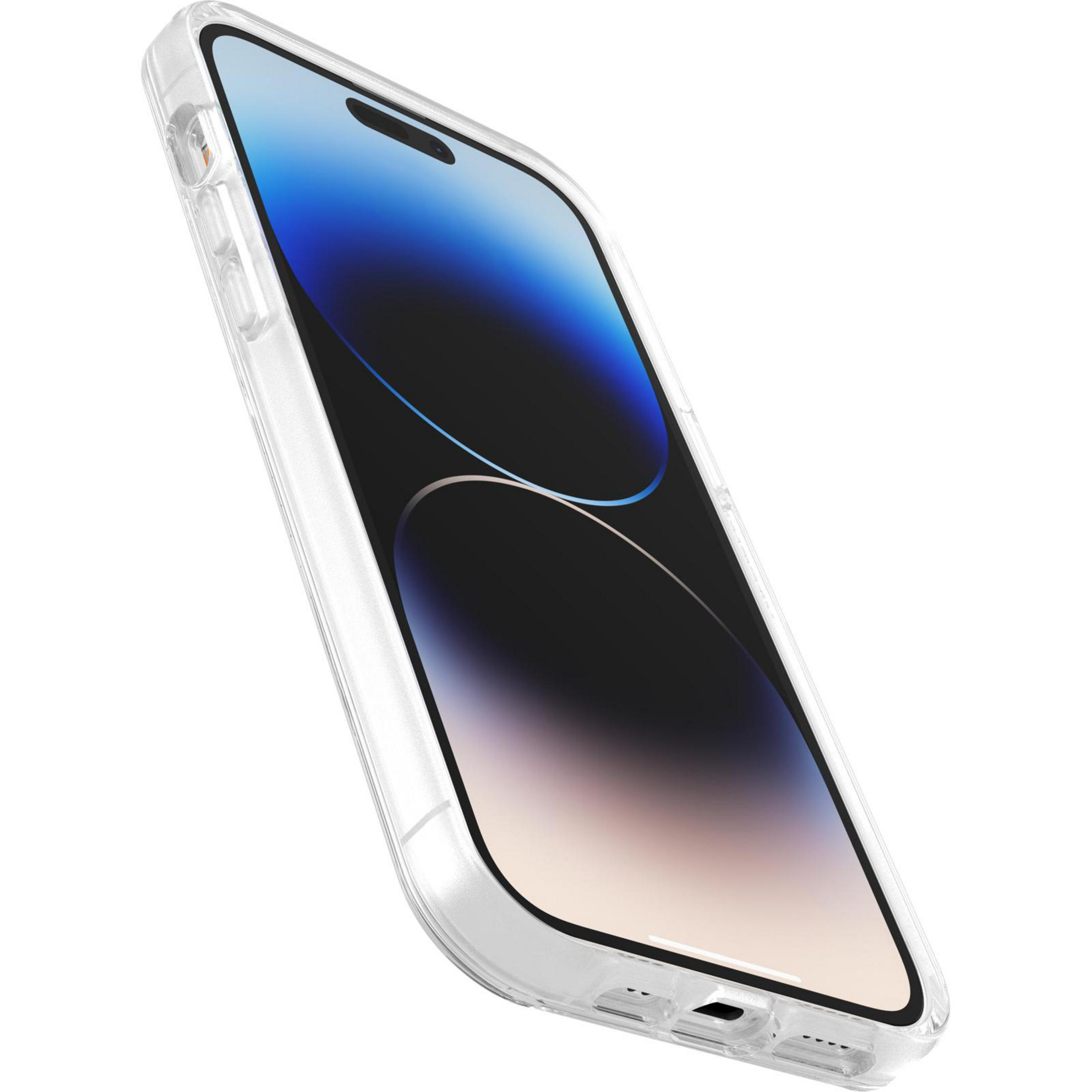 Transparente Handyhülle mit Telefon, leicht angewinkelt, weißer HG.