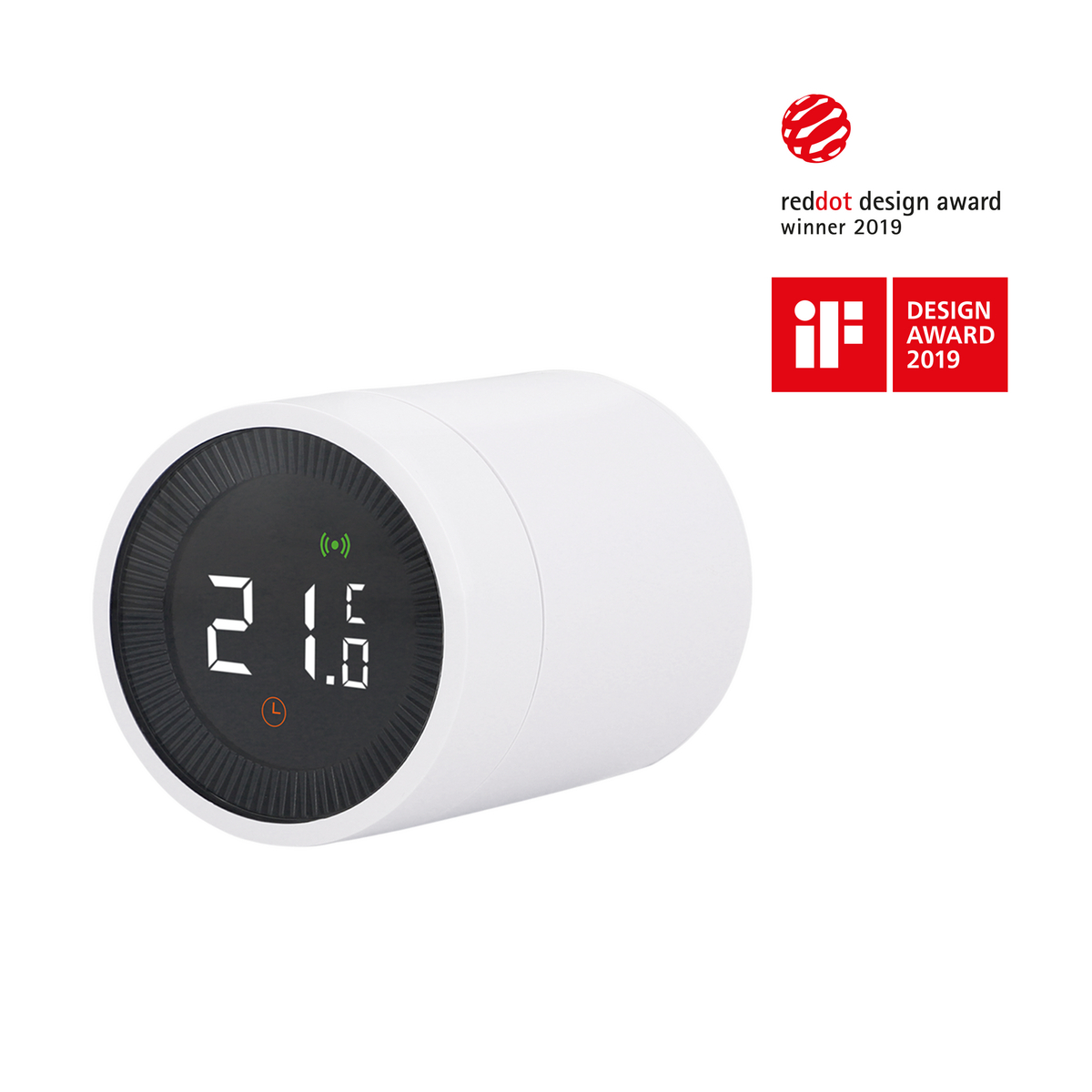 Ein weißes, digitales Thermostat mit einem Bildschirm, der 21,6 Grad anzeigt. Reddot- und IF-Design-Awards.