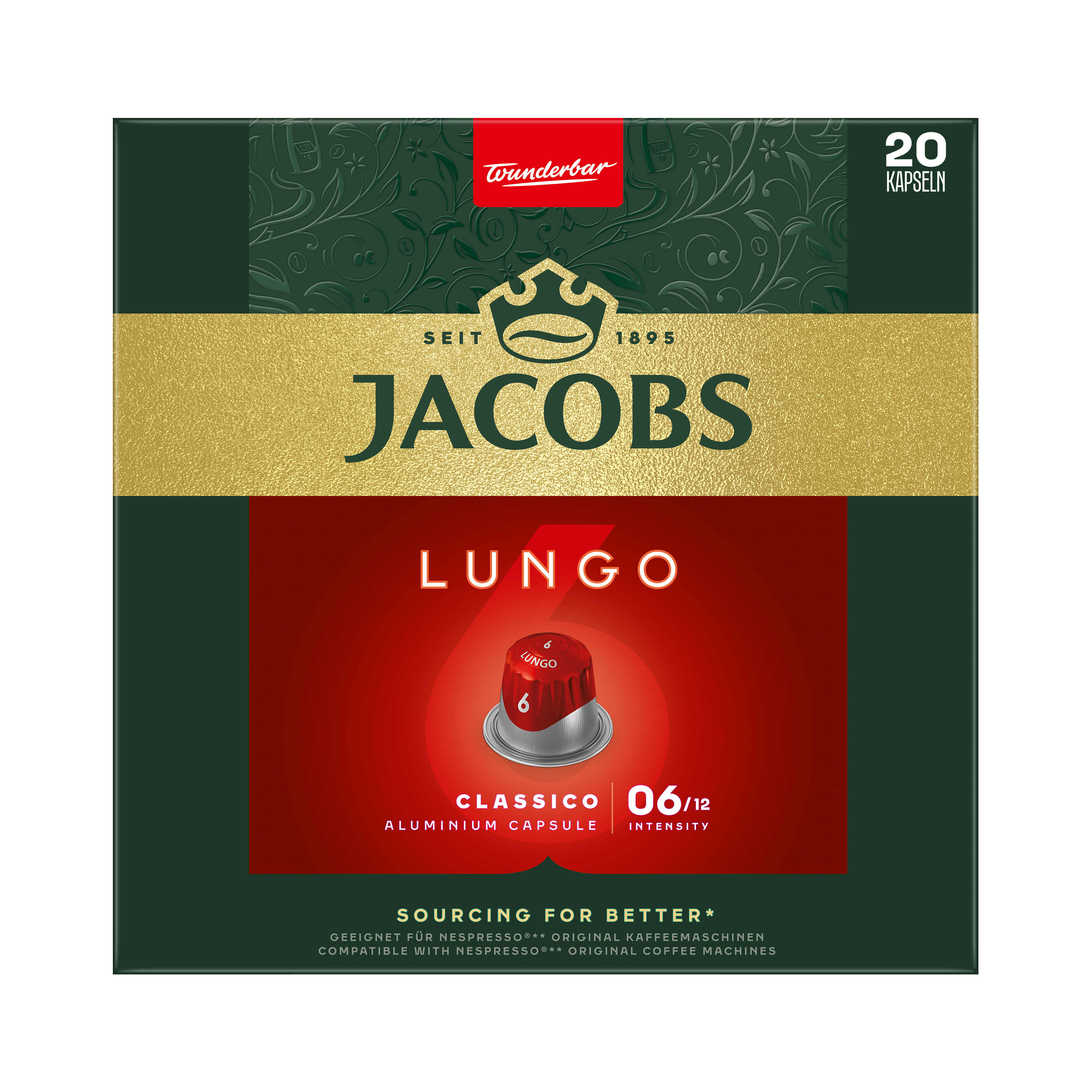 Eine dunkelgrüne und goldene Jacobs-Kaffeekapselbox mit 20 Kapseln darin.