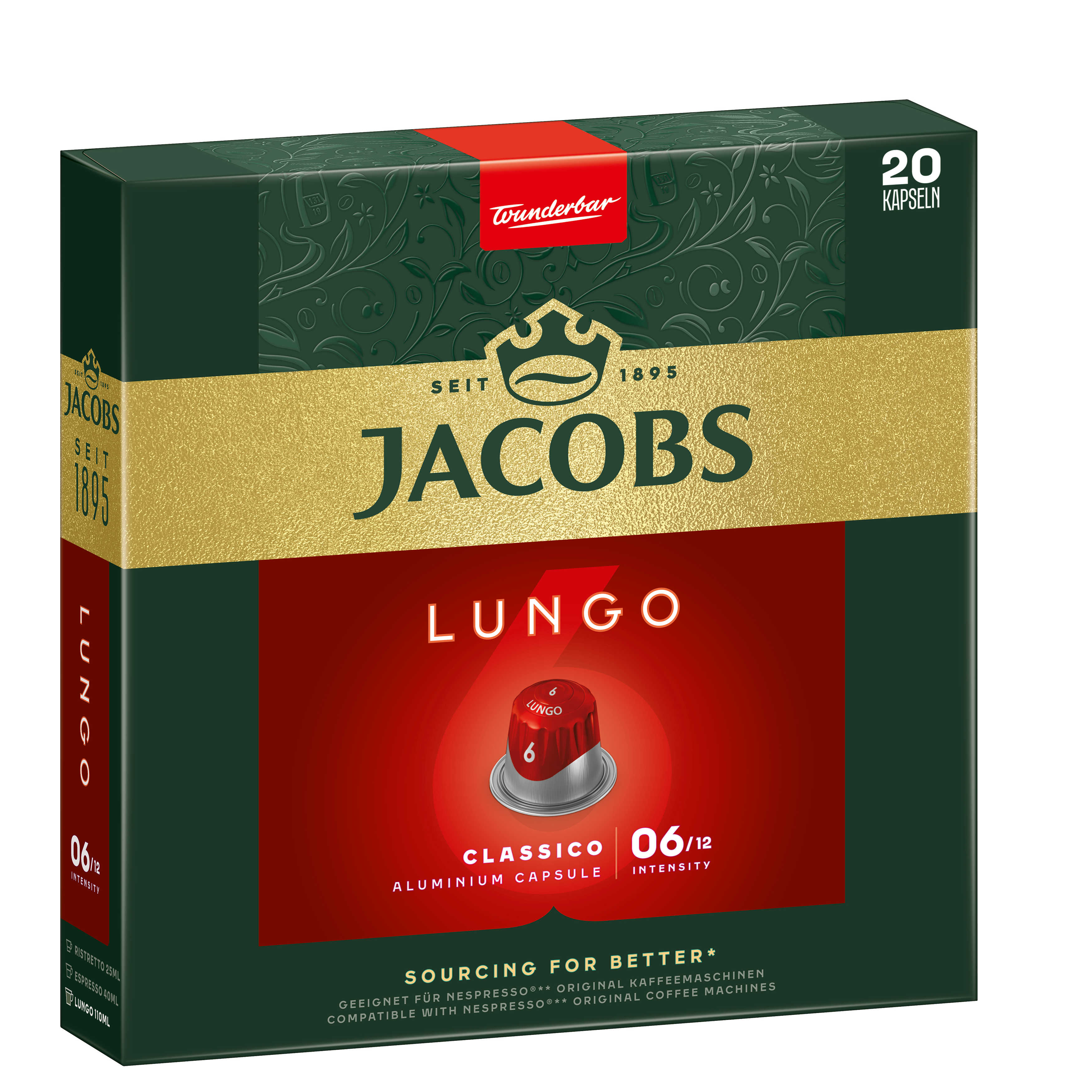 Jacobs Lungo Kapseln Box, grün-goldenes Design, 20 Kapseln.