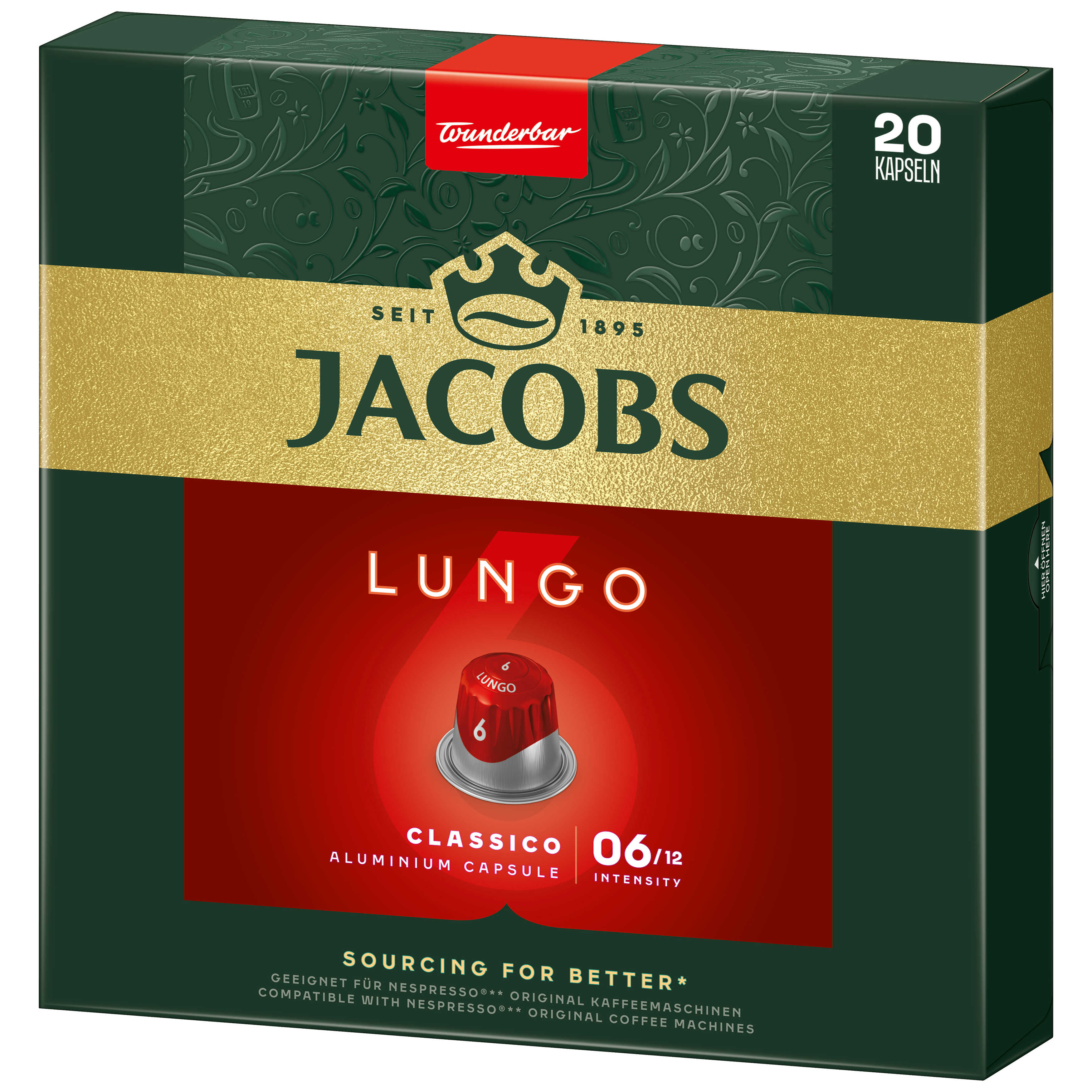 Jacobs Lungo Kaffeepackung mit 20 Kapseln. Grün-goldenes Design. Rote Kapselillustration. Weißer Hintergrund.