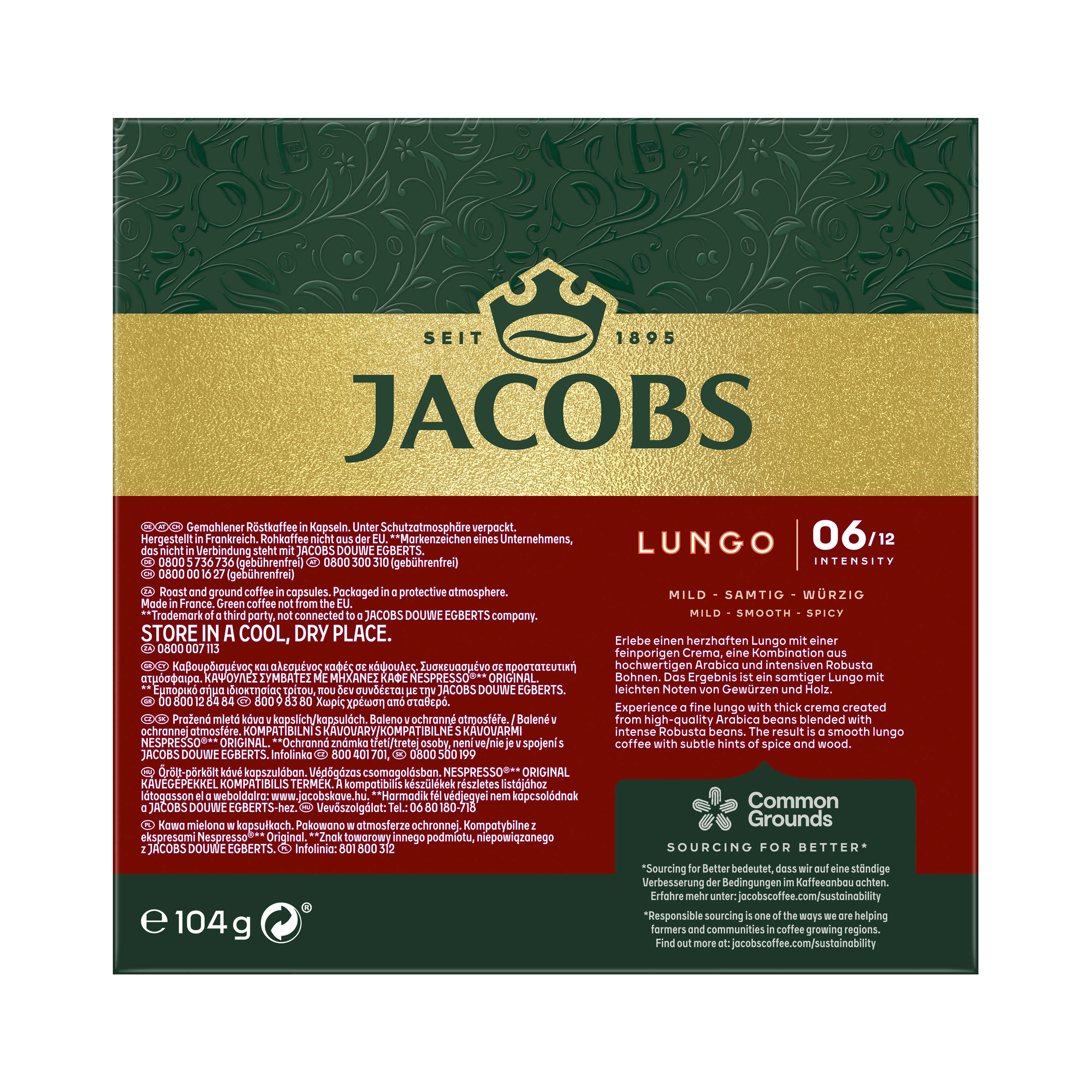 Kaffeepackung mit Text. Markenname Jacobs. Enthält Kaffee, ein Produkt aus Deutschland. LUNGO 06/12 Intensität.