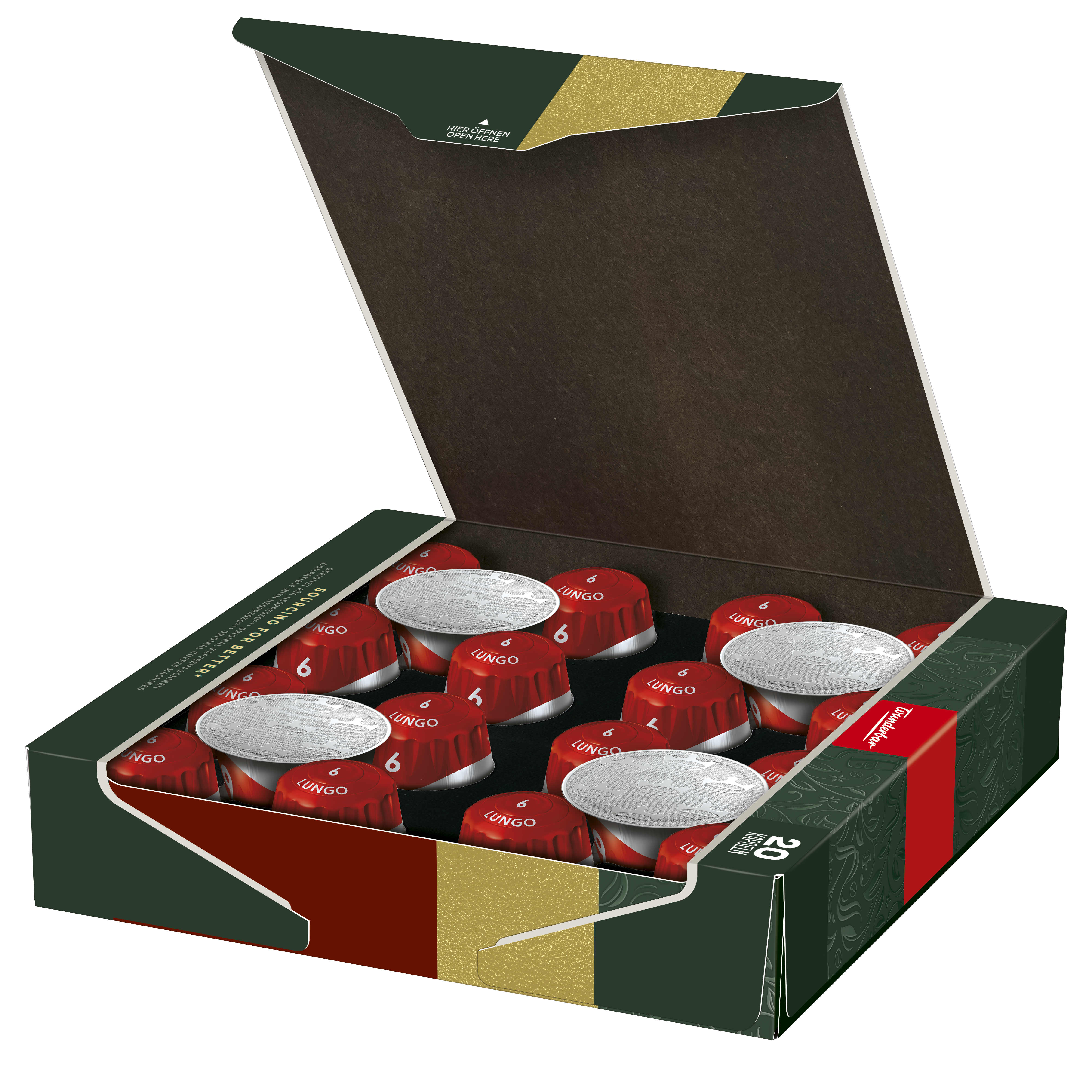 Schachtel mit Kaffeekapseln, rot und silber, mit grün und gold akzentuierter Verpackung.