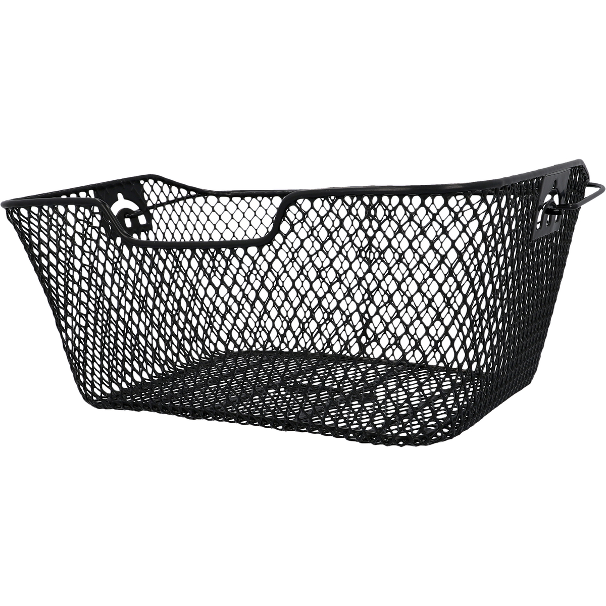Czarny kosz z siatki drucianej z uchwytem, prostokątny kształt, na białym tle.