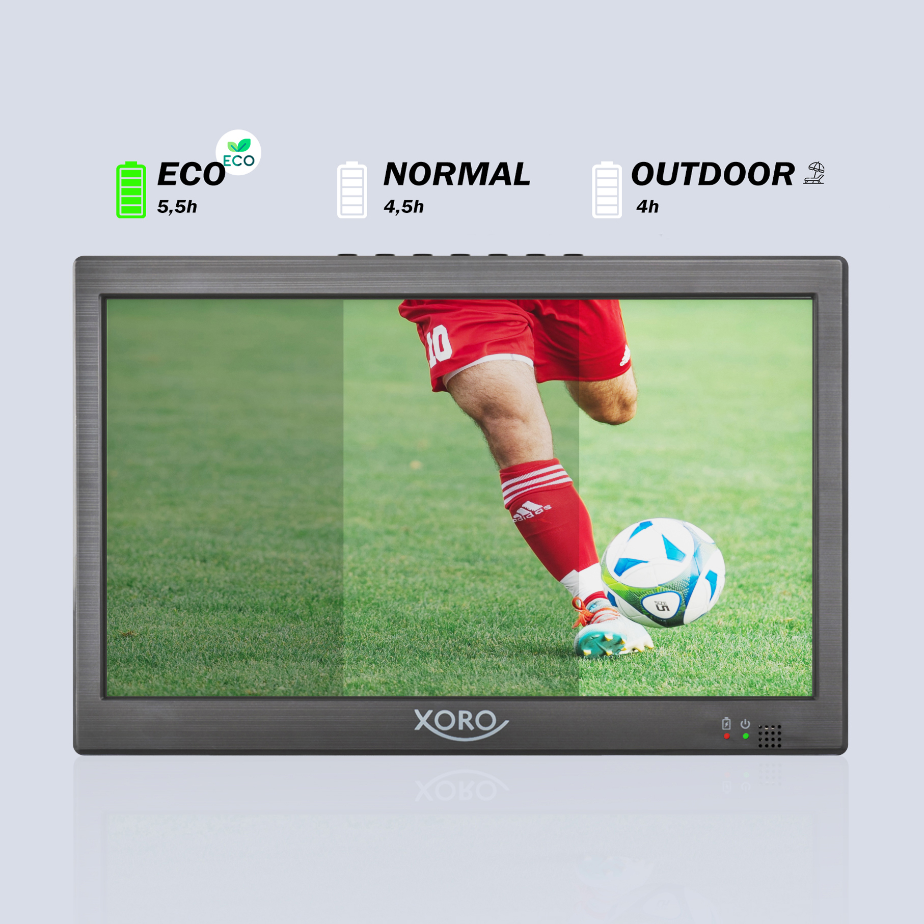 Una pantalla de TV que muestra a un jugador de fútbol pateando un balón. Se muestran indicadores de duración de la batería.