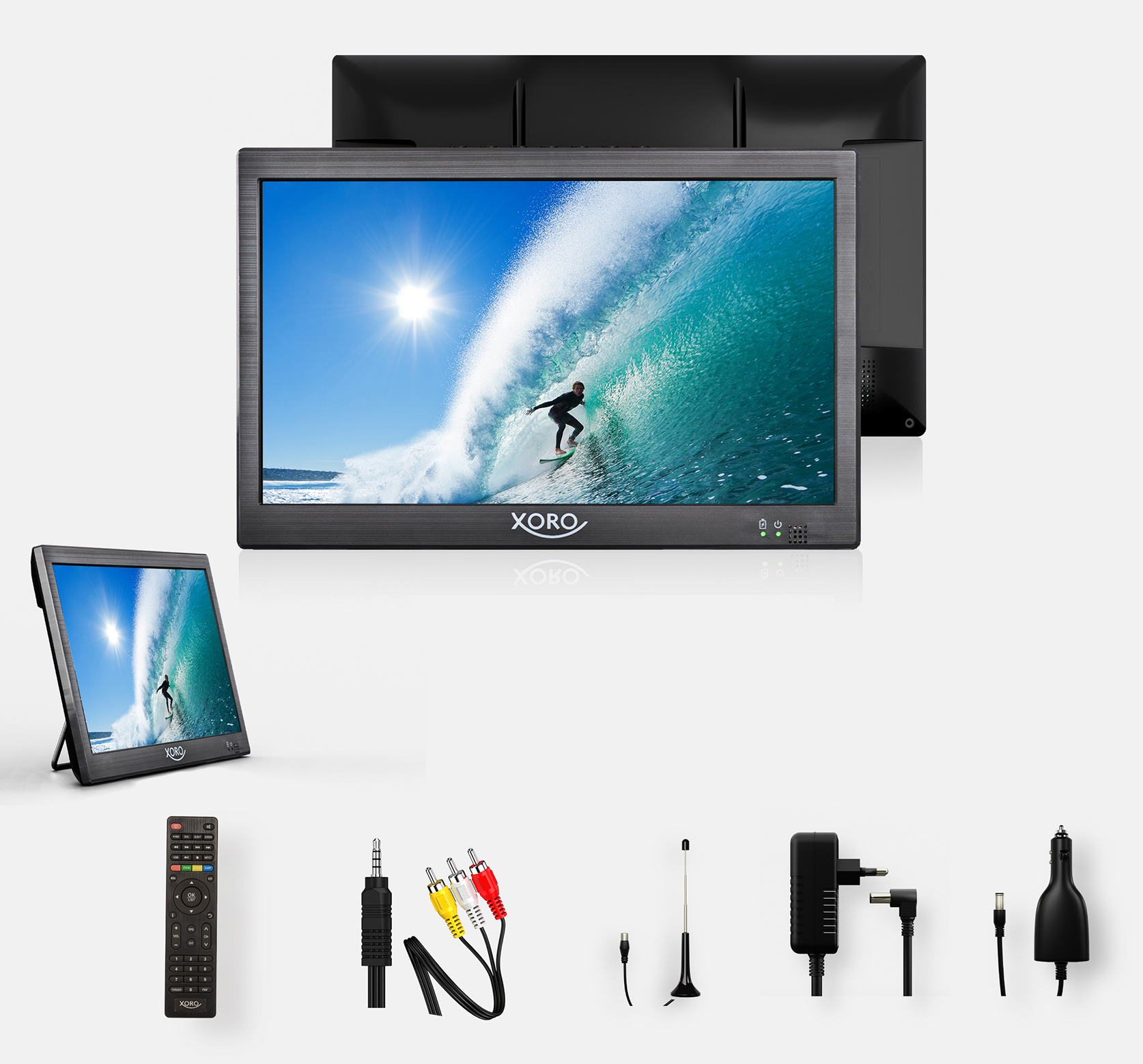 TV portátil mostrando a un surfista en una ola, accesorios abajo y un segundo TV atrás.