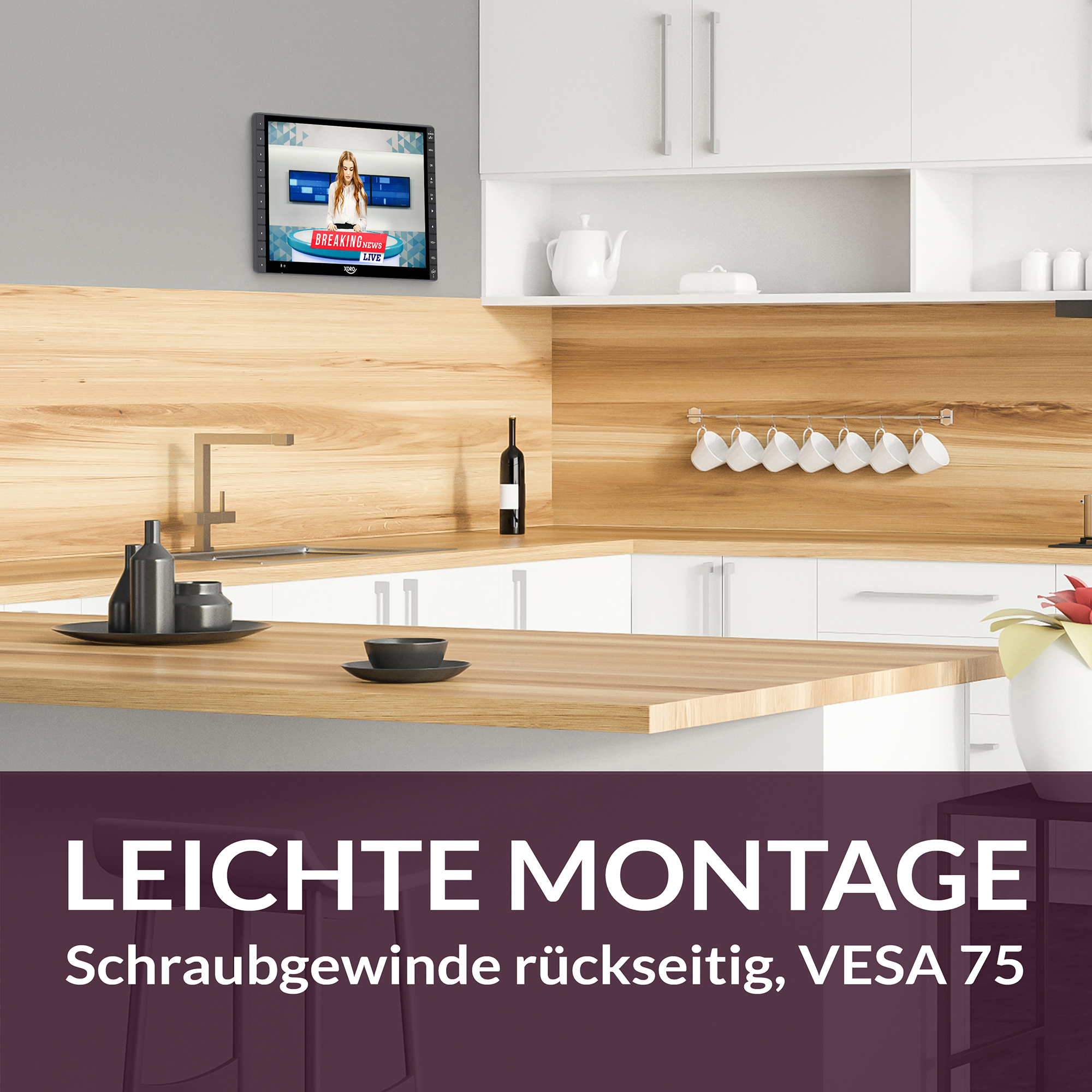 Escena de cocina con TV mostrando noticias. Se ven gabinetes, mostrador de madera y fregadero. Texto: LEICHTE MONTAGE.