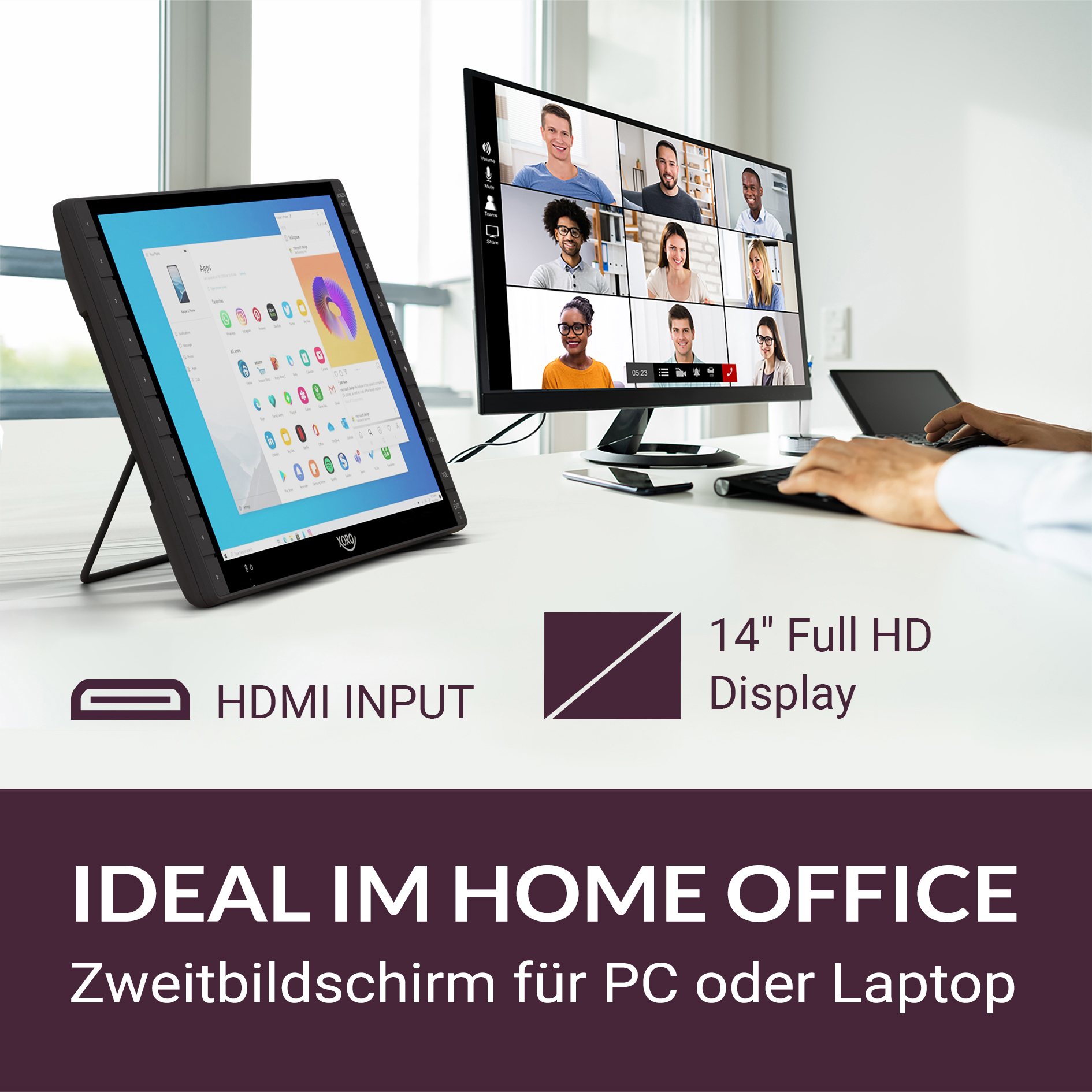 Una tableta y un monitor muestran videollamada, texto: IDEAL IM HOME OFFICE. Persona trabajando.