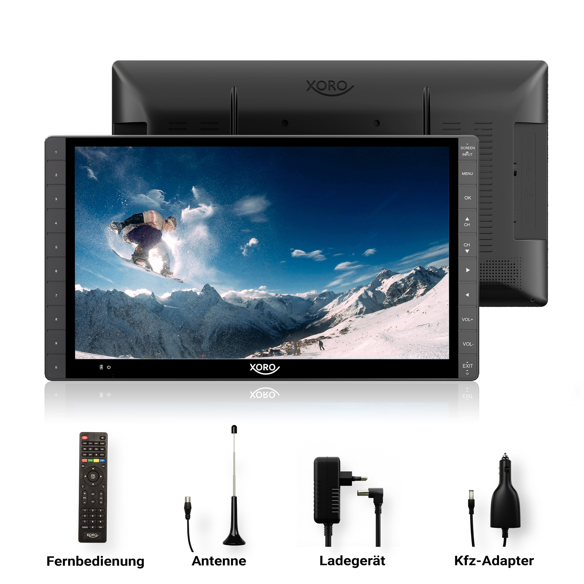 Pantalla de TV negra y los accesorios, un mando a distancia, antena, cargador y adaptador de coche.