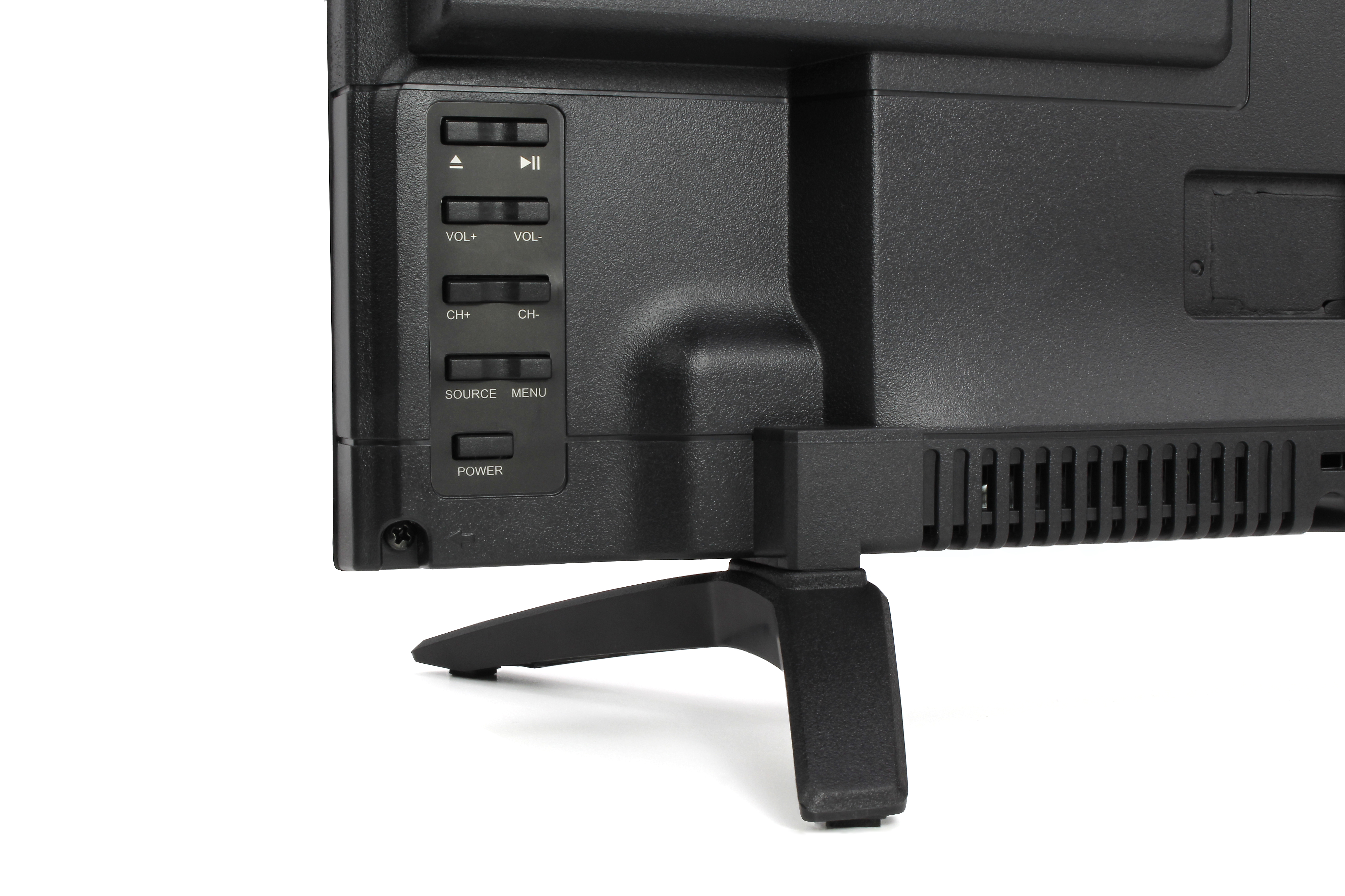 Tył czarnego telewizora z przyciskami sterowania, podstawą i białym tłem.