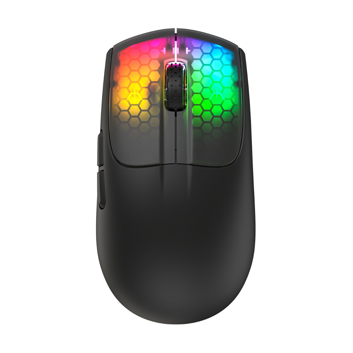 Eine schwarze Gaming-Maus mit Wabenmuster. Sie hat bunte Lichter und Knöpfe.