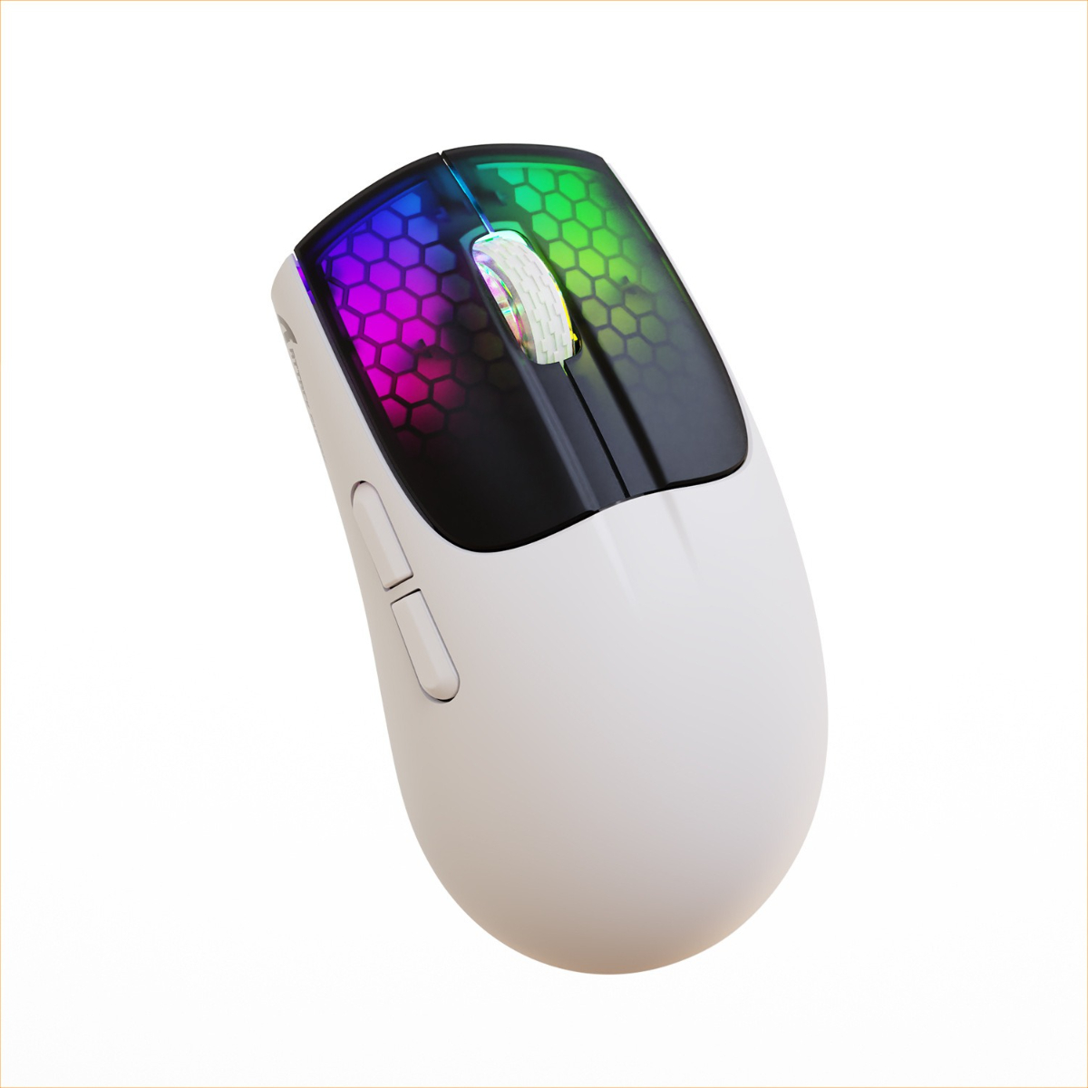 Eine weiße Gaming-Maus mit Wabenmuster und bunten Lichtern oben.