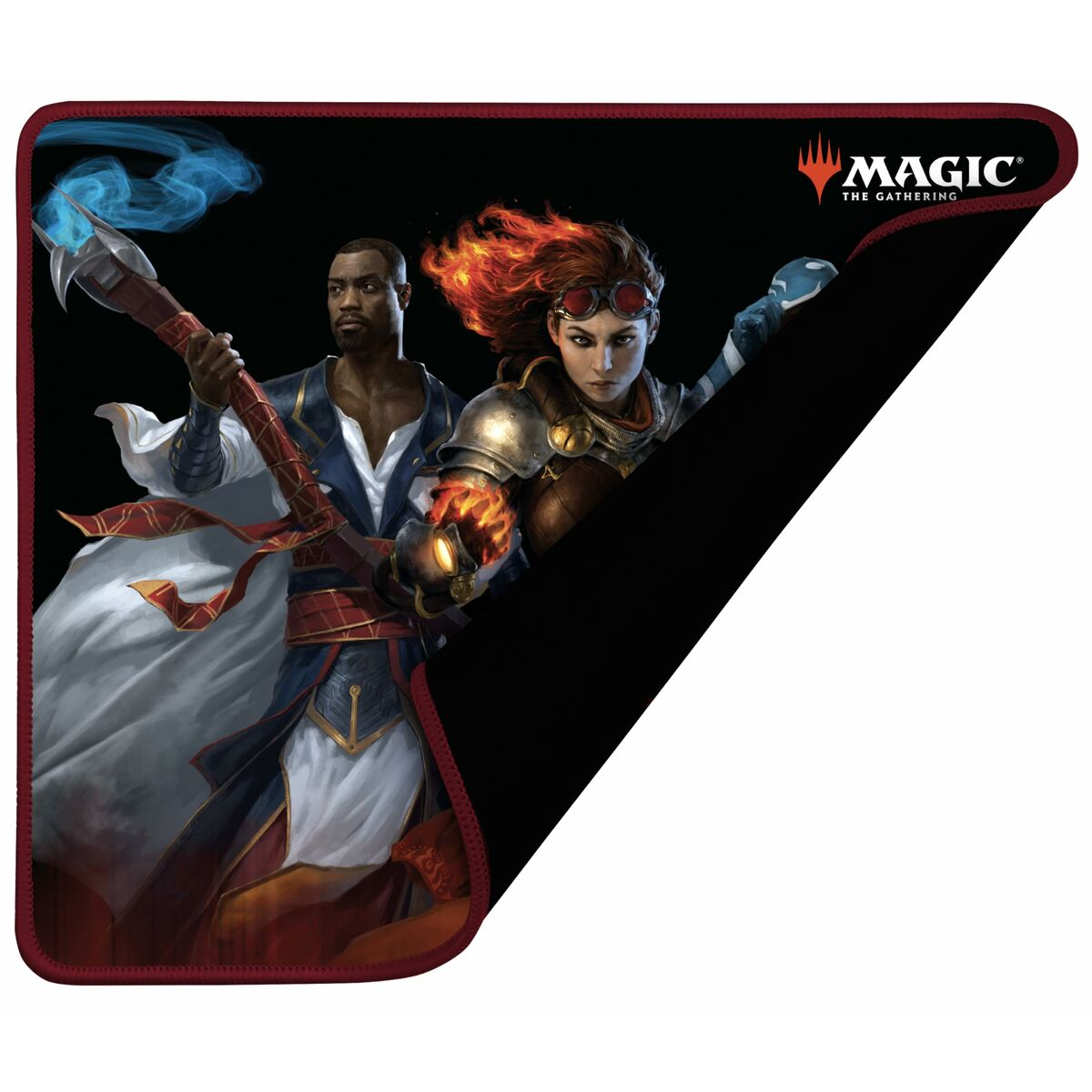 Una alfombrilla de ratón de Magic: The Gathering con dos figuras y un borde rojo.