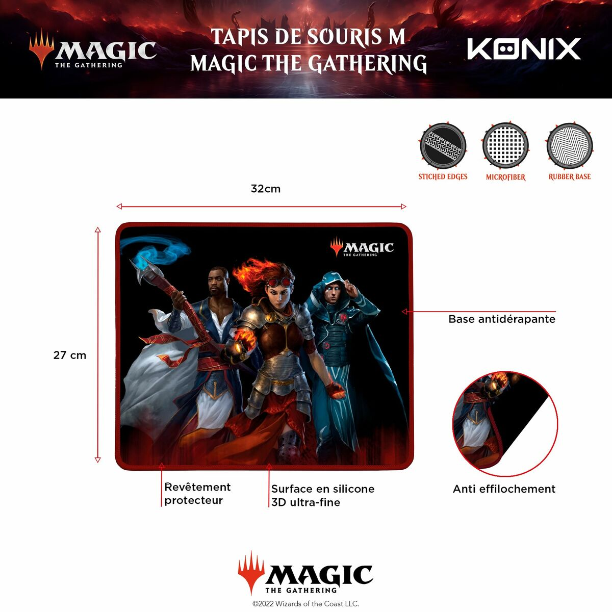 Alfombrilla Magic the Gathering. Personajes, texto, gráficos y dimensiones superpuestos.