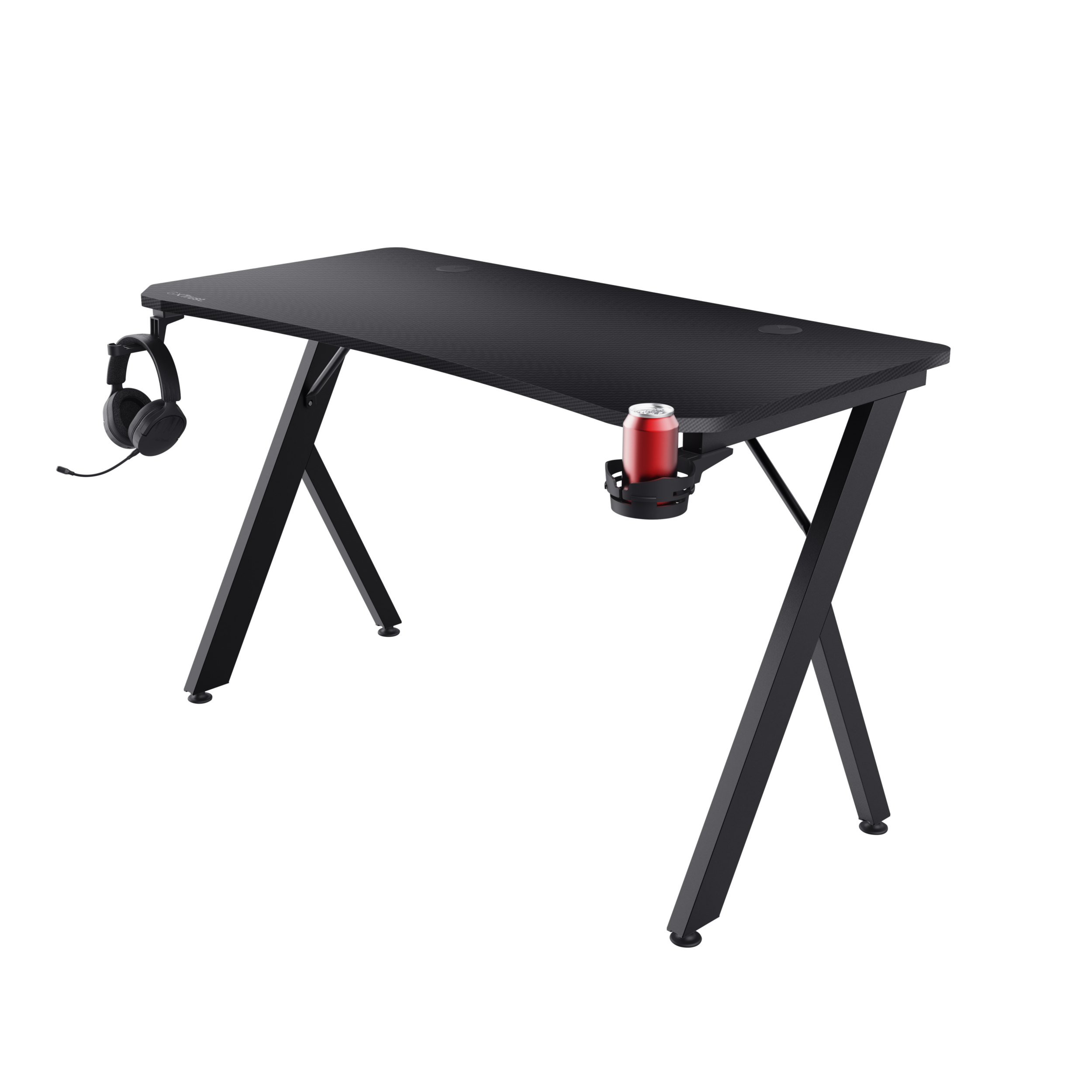 Zwart gaming bureau. Koptelefoon hangt aan de zijkant. Rode frisdrankblik in een houder. Zwarte achtergrond.