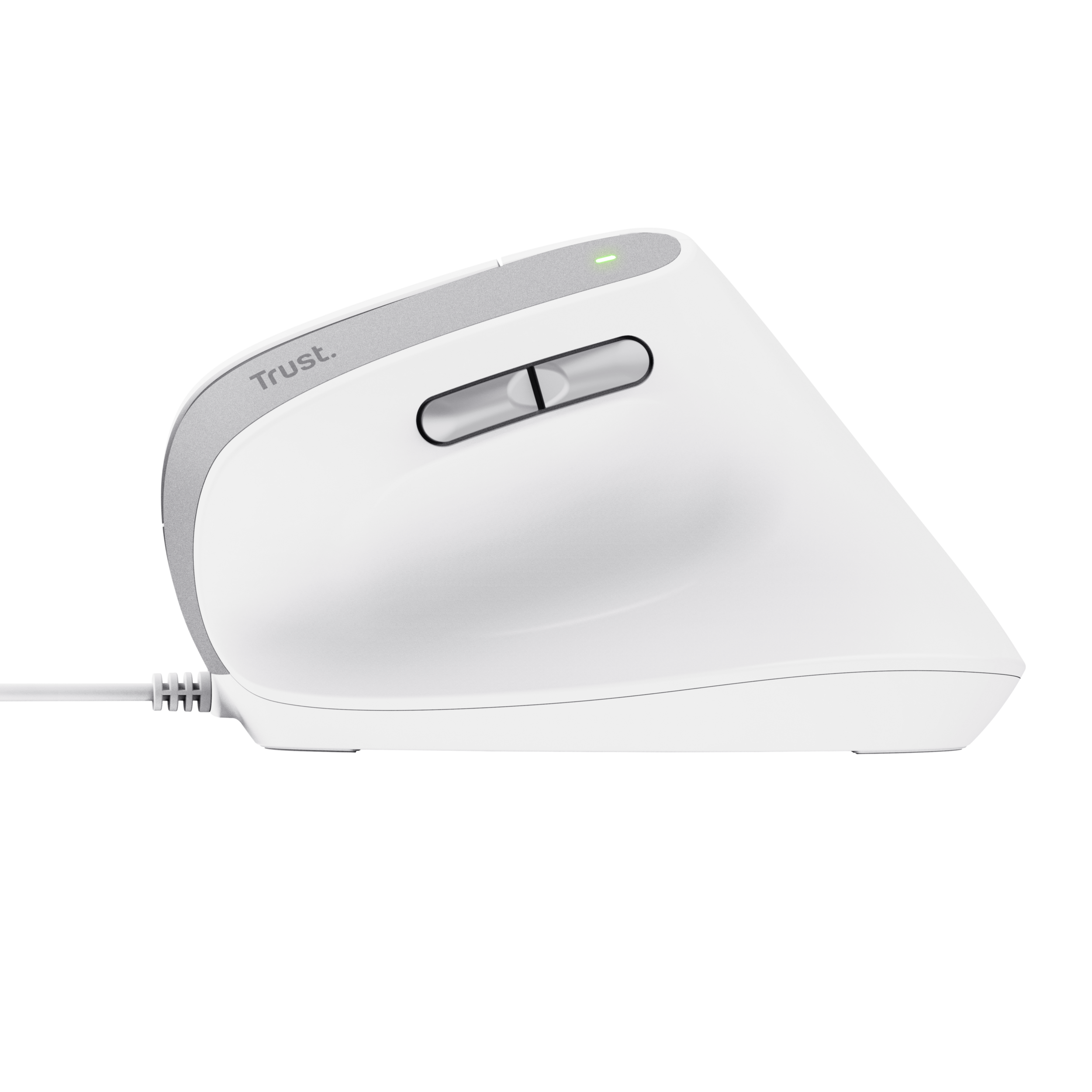 Weiße ergonomische Maus mit silbernen Akzenten und Kabel.