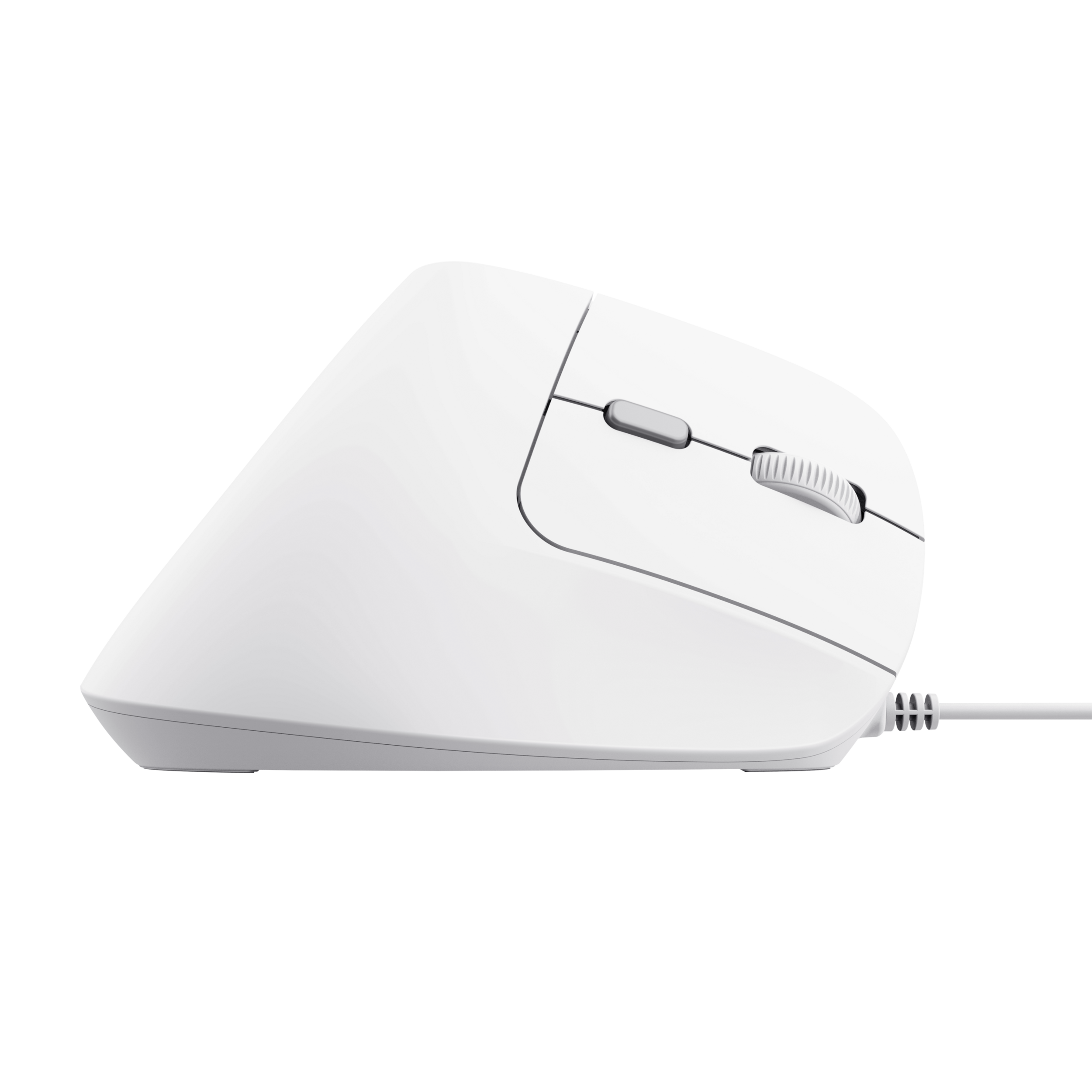 Weiße ergonomische Maus mit rechtshändigem Design, Scrollrad und Kabel.