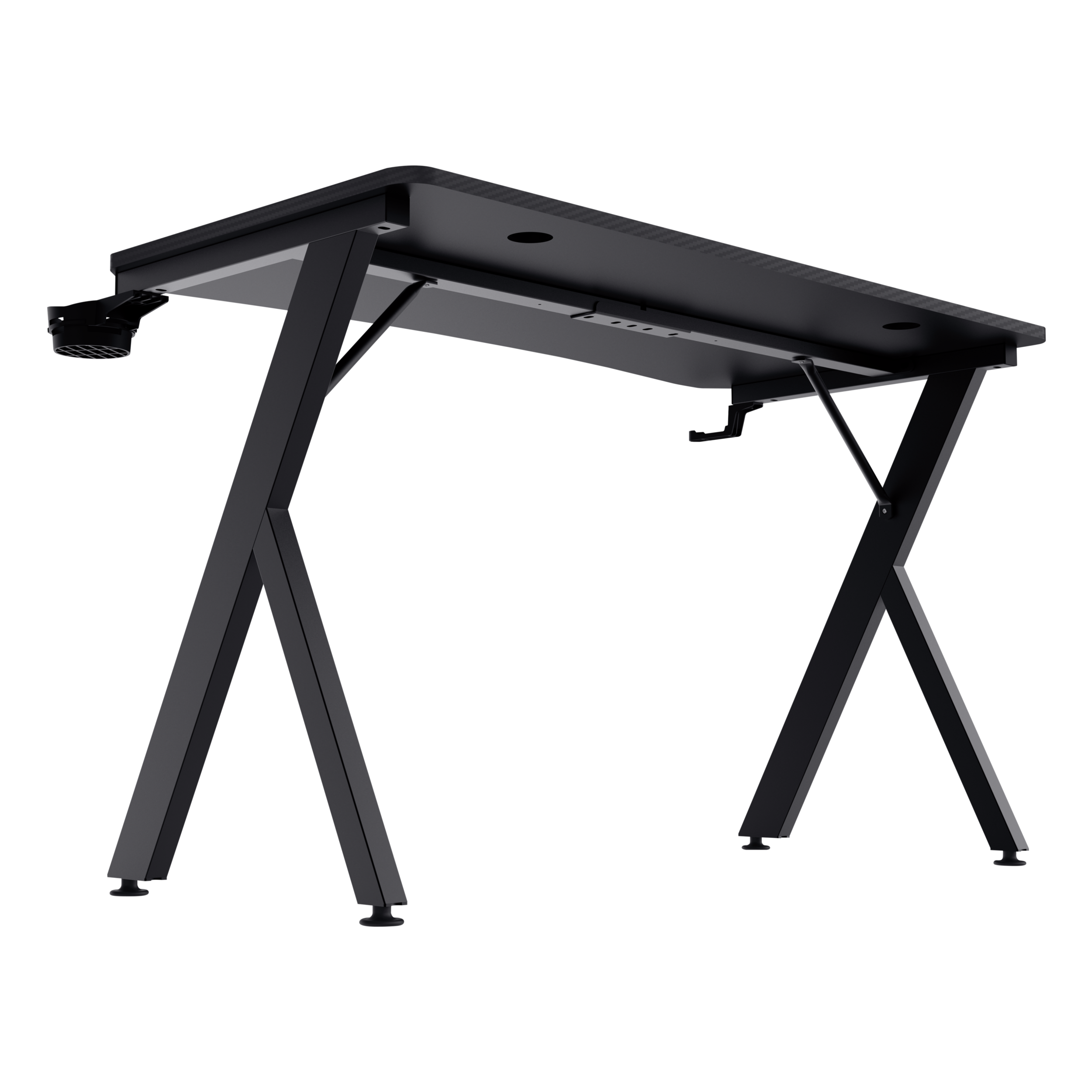Zwart gaming bureau met zwarte poten en een zwart oppervlak, schuine weergave.