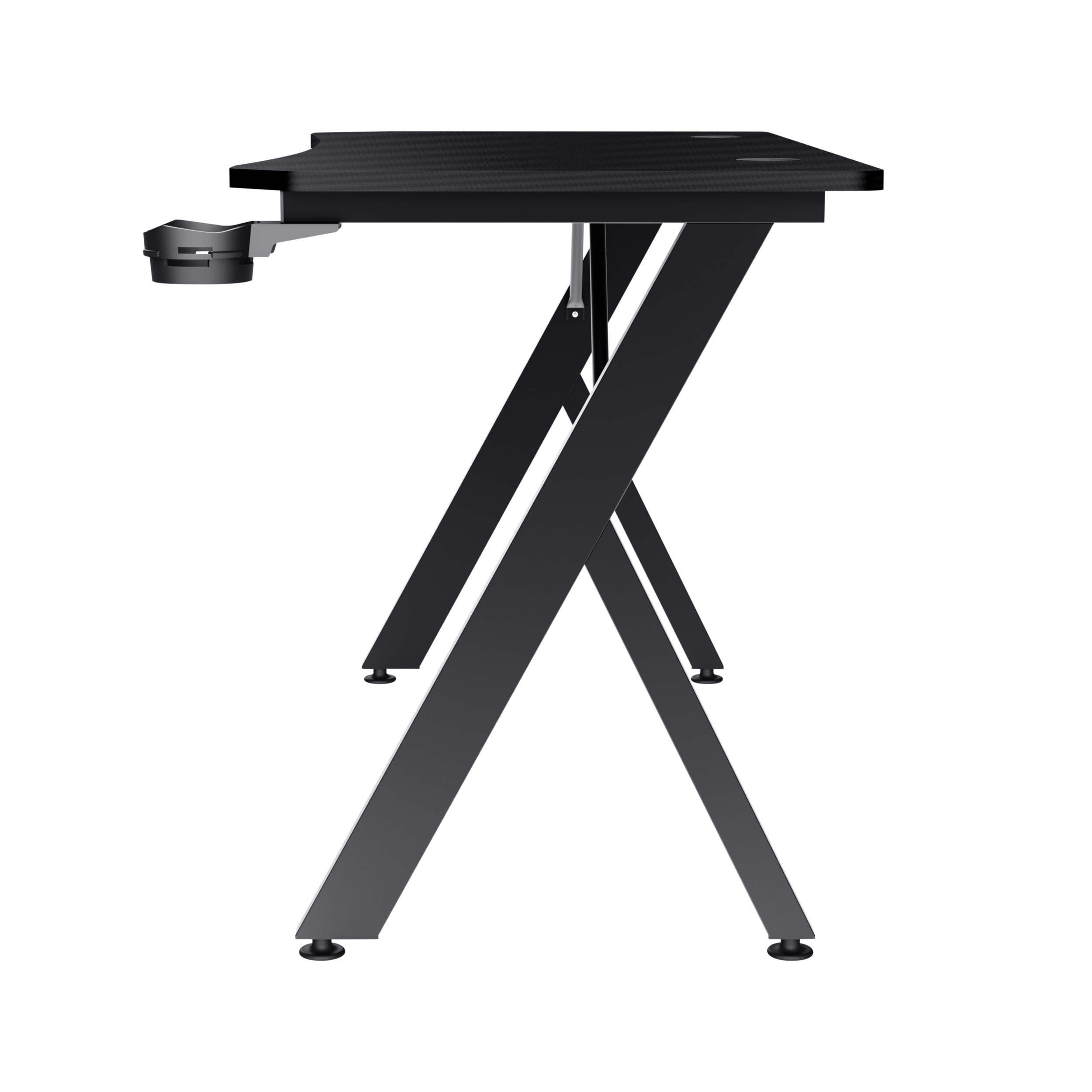 Zwart gaming bureau. Het bureau heeft een zwart oppervlak en zwarte X-vormige poten.