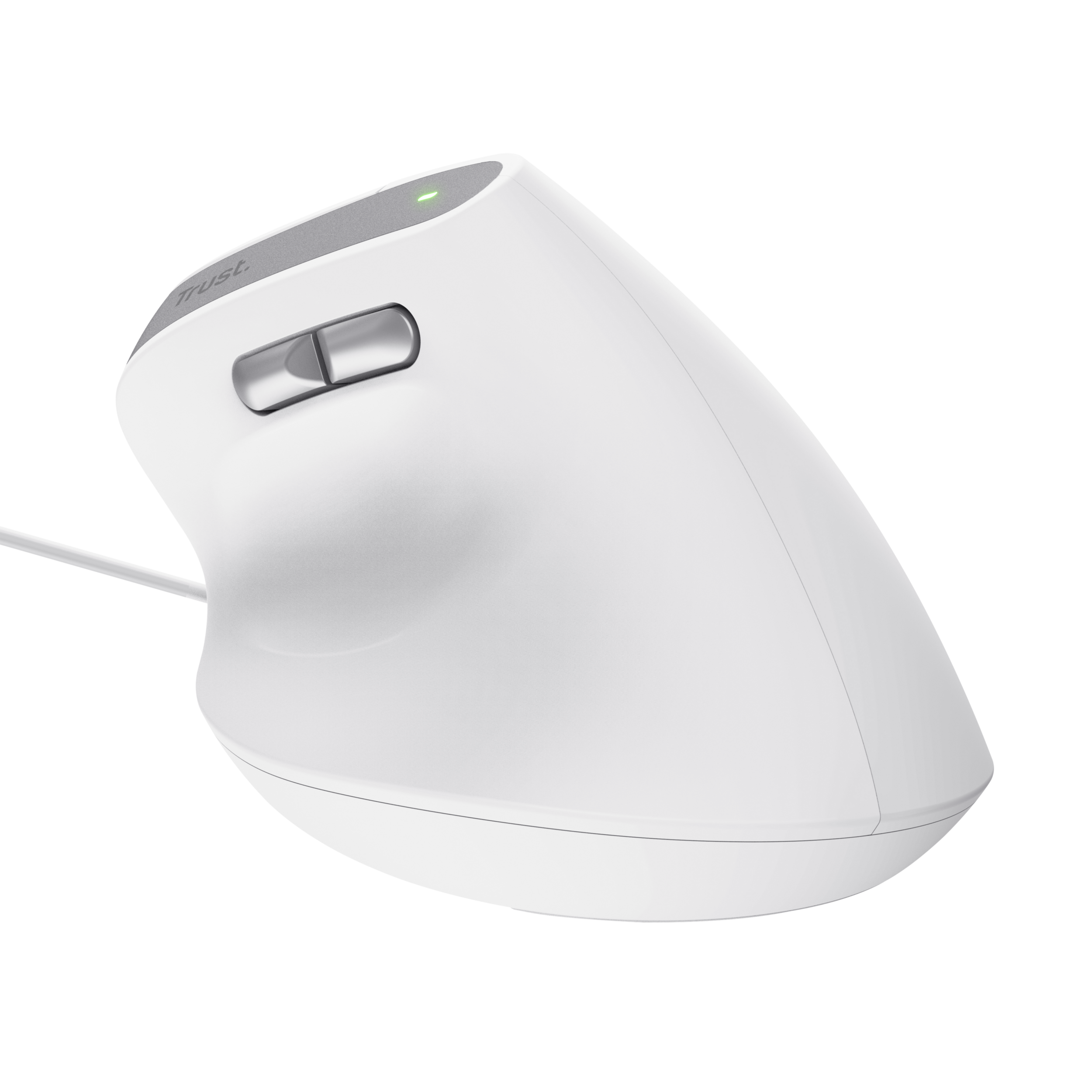 Weiße ergonomische Maus mit zwei Tasten und Kabel. Schwarzer Hintergrund.