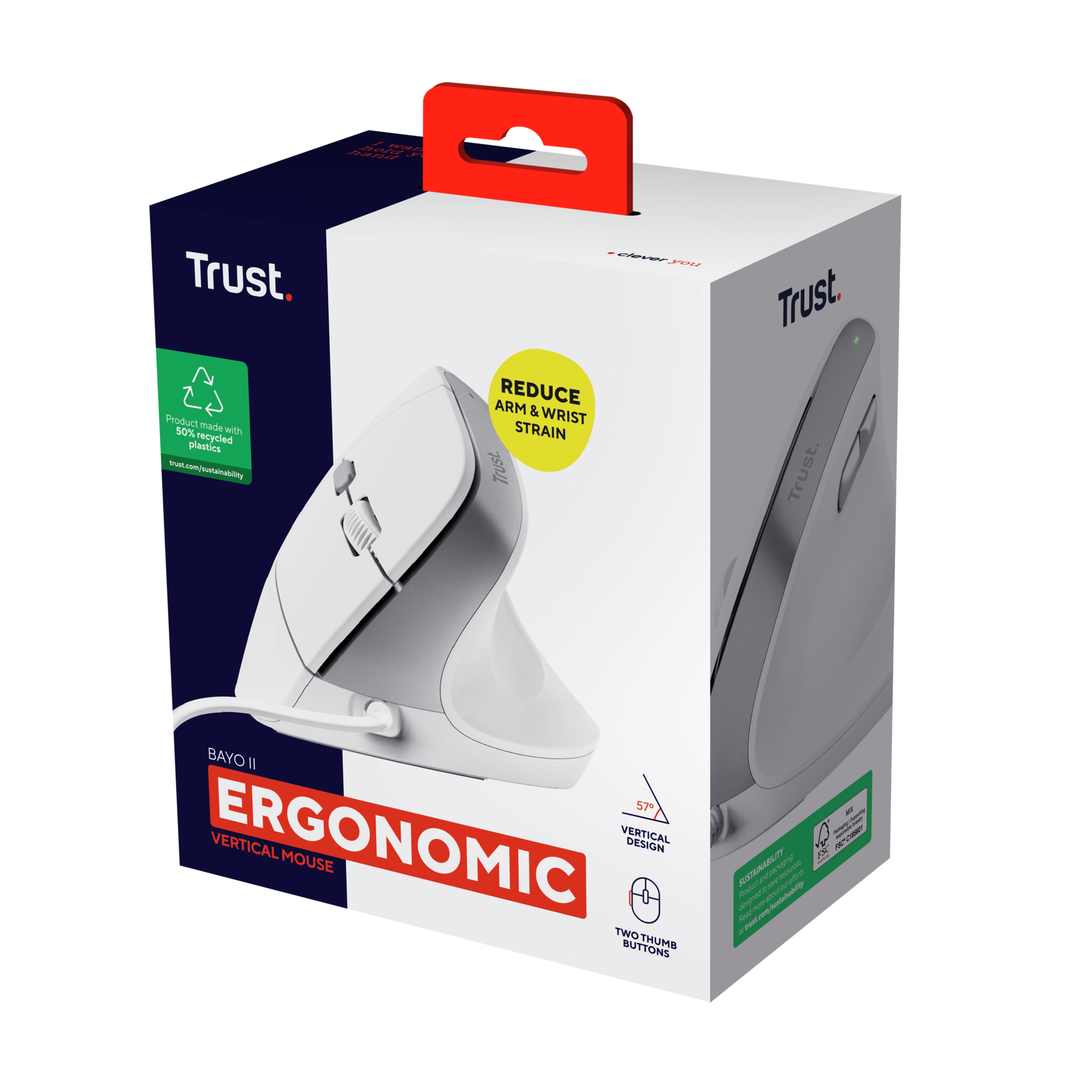 Eine ergonomische, weiße vertikale Maus in einer Box, mit Produktinformationen und Branding.