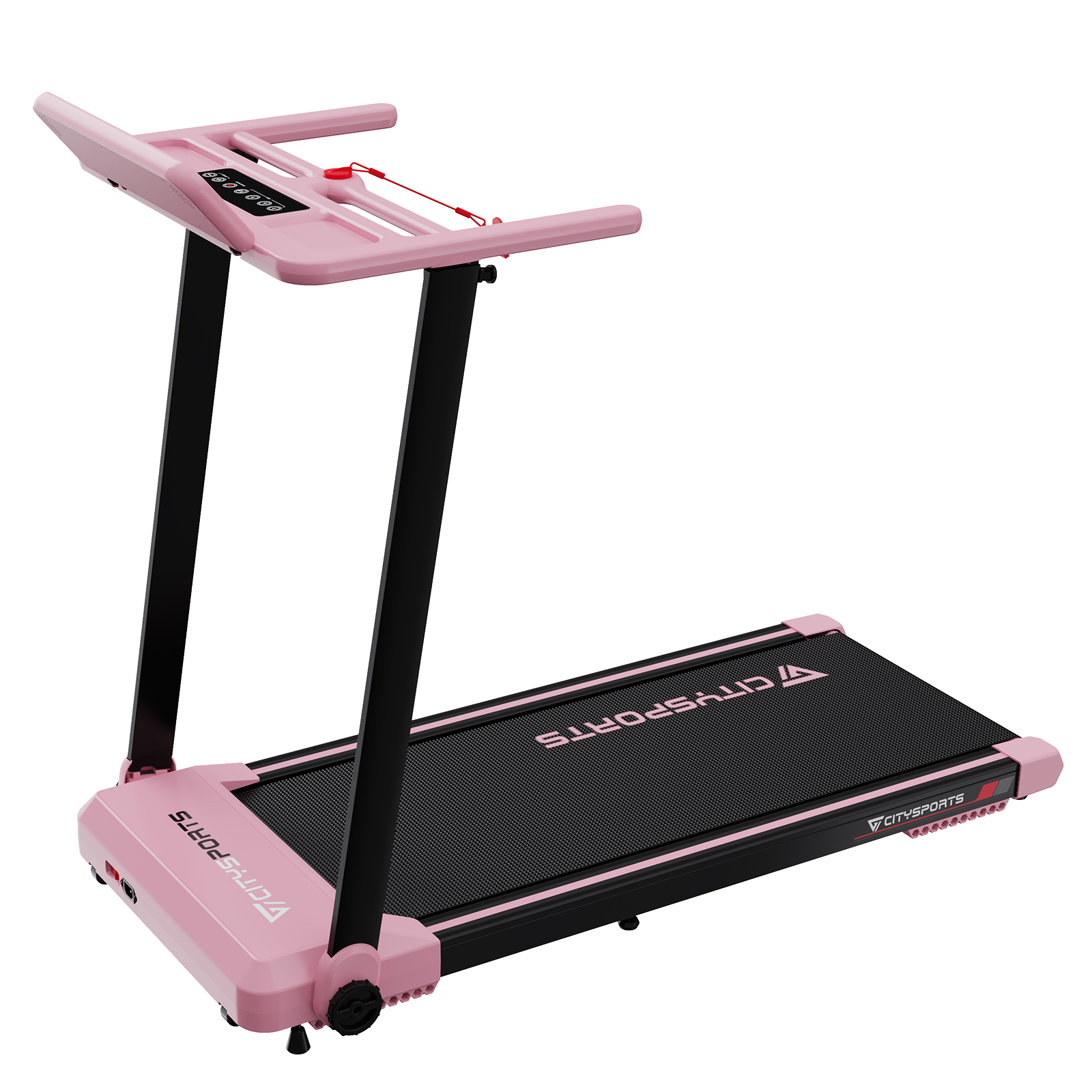 Cinta de correr rosa con detalles negros. Muestra el logotipo Citysports. Fondo blanco. Consola superior.
