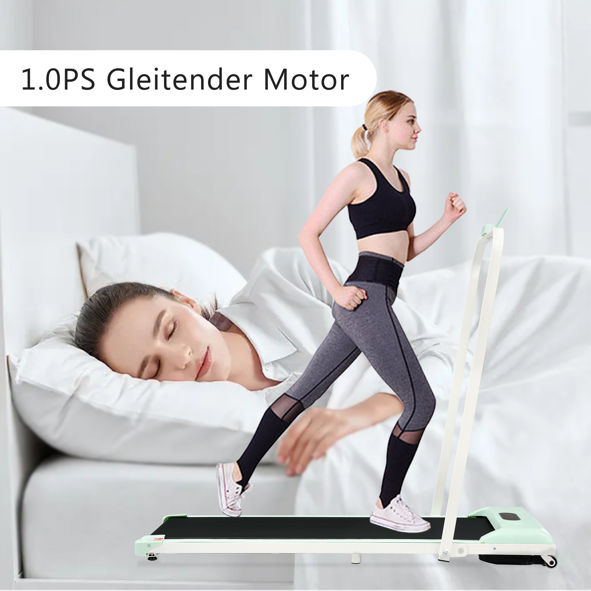 Frau läuft auf einem Laufband, während eine andere Frau im Hintergrund schläft.