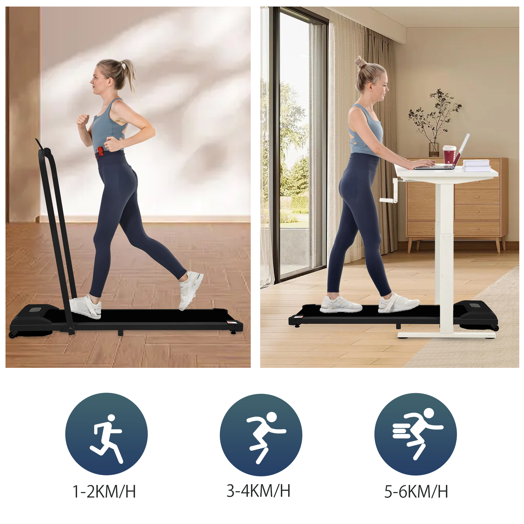 Eine Frau, die auf einem Laufband läuft und an einem Stehpult arbeitet. Symbole unten.