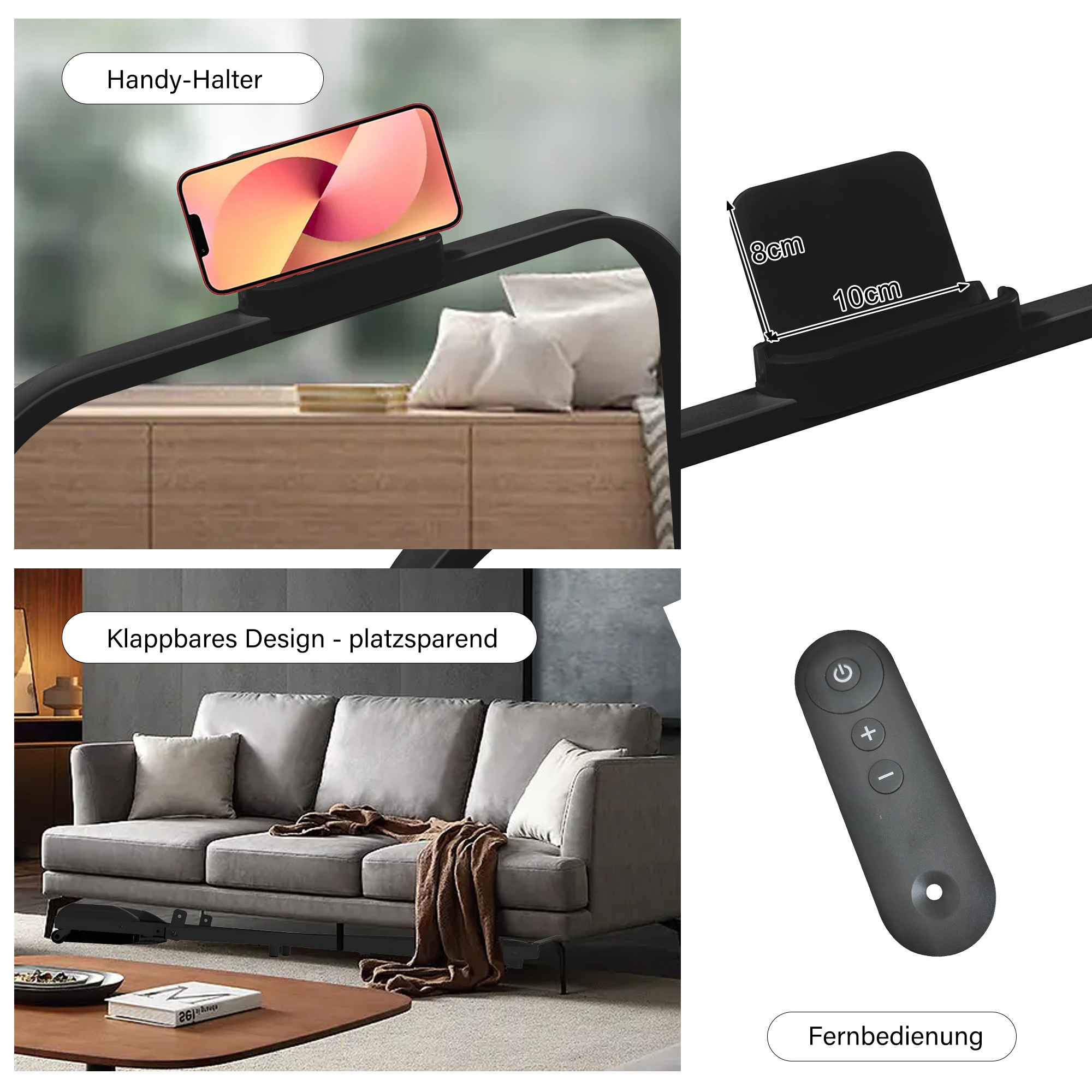 Telefonhalter auf einem Schreibtisch, Sofa und Fernbedienung. Schwarz.