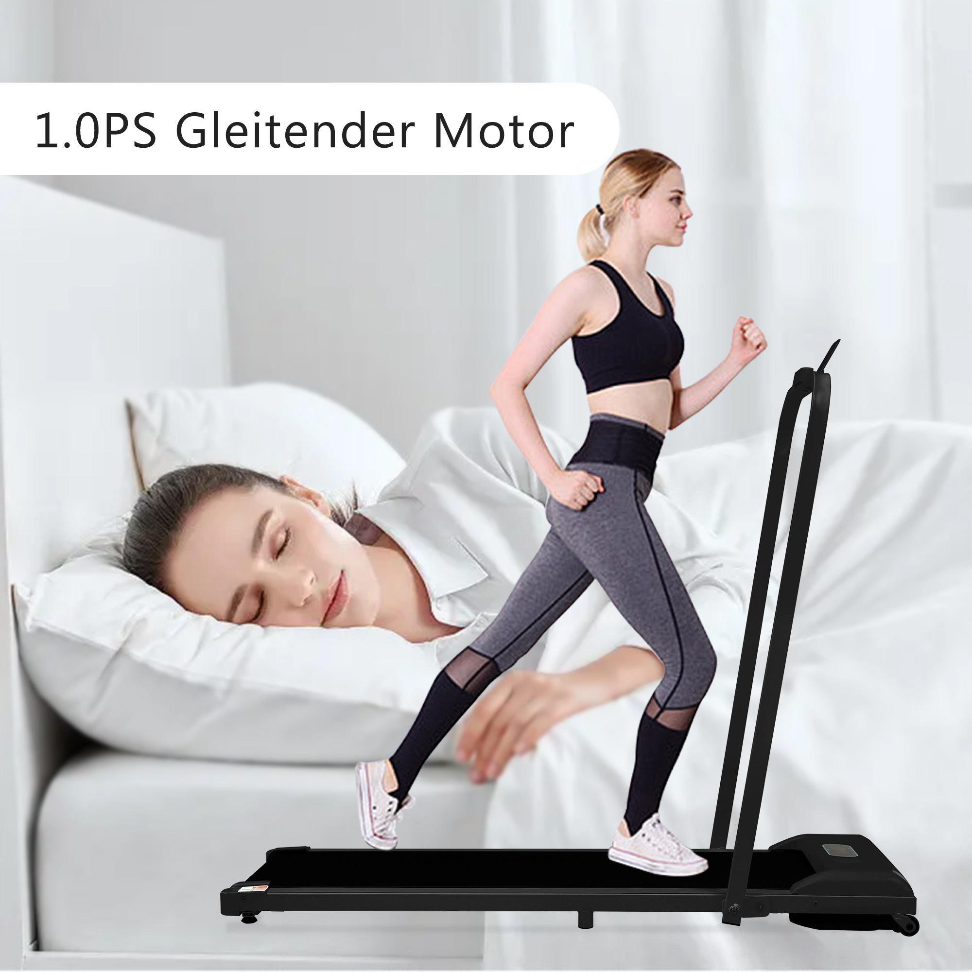 Frau läuft auf einem Laufband, eine andere Frau schläft im Bett.