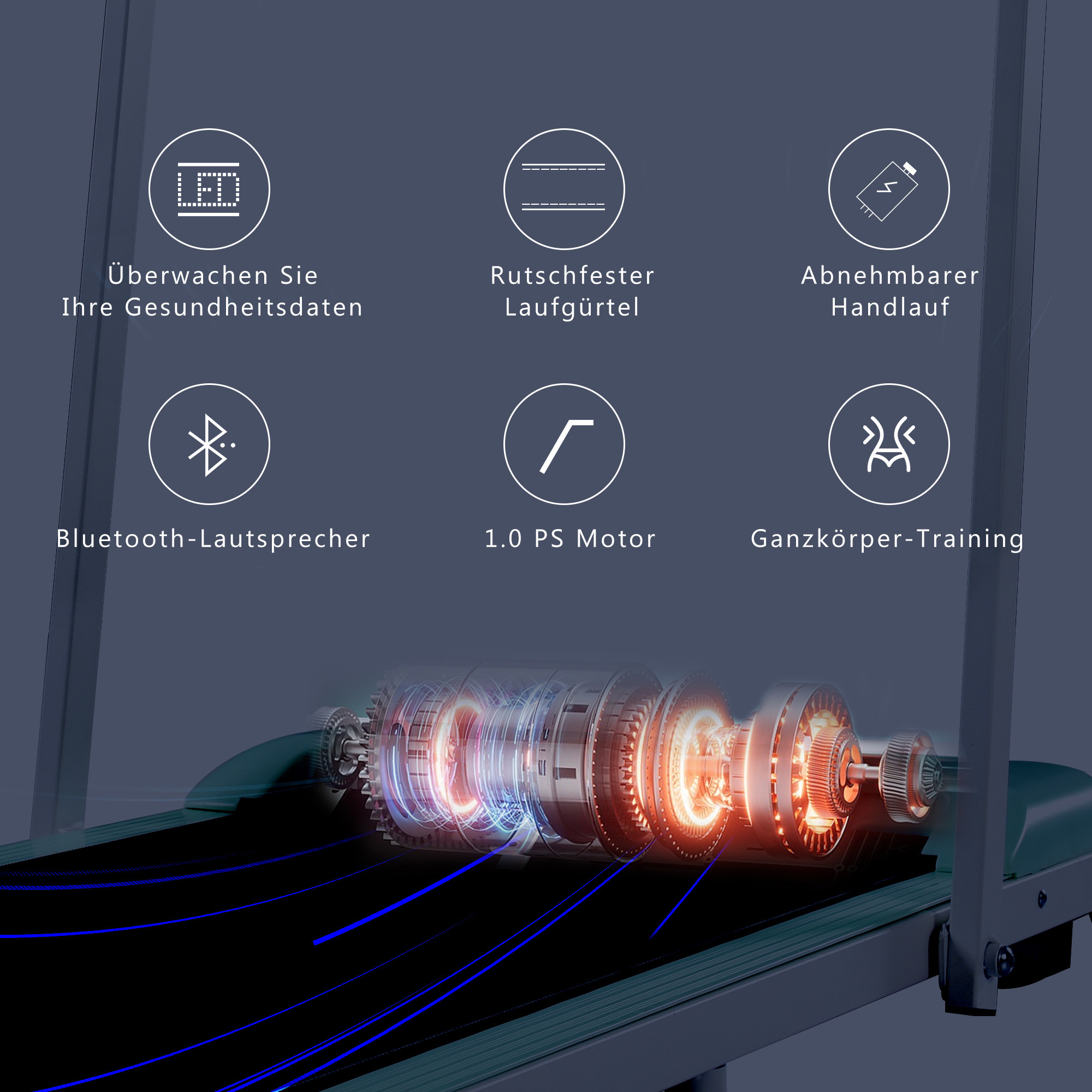 Ein Laufband mit beschrifteten Teilen. Enthält Gesundheitsdaten, einen rutschfesten Gurt und Bluetooth-Lautsprecher-Symbole.