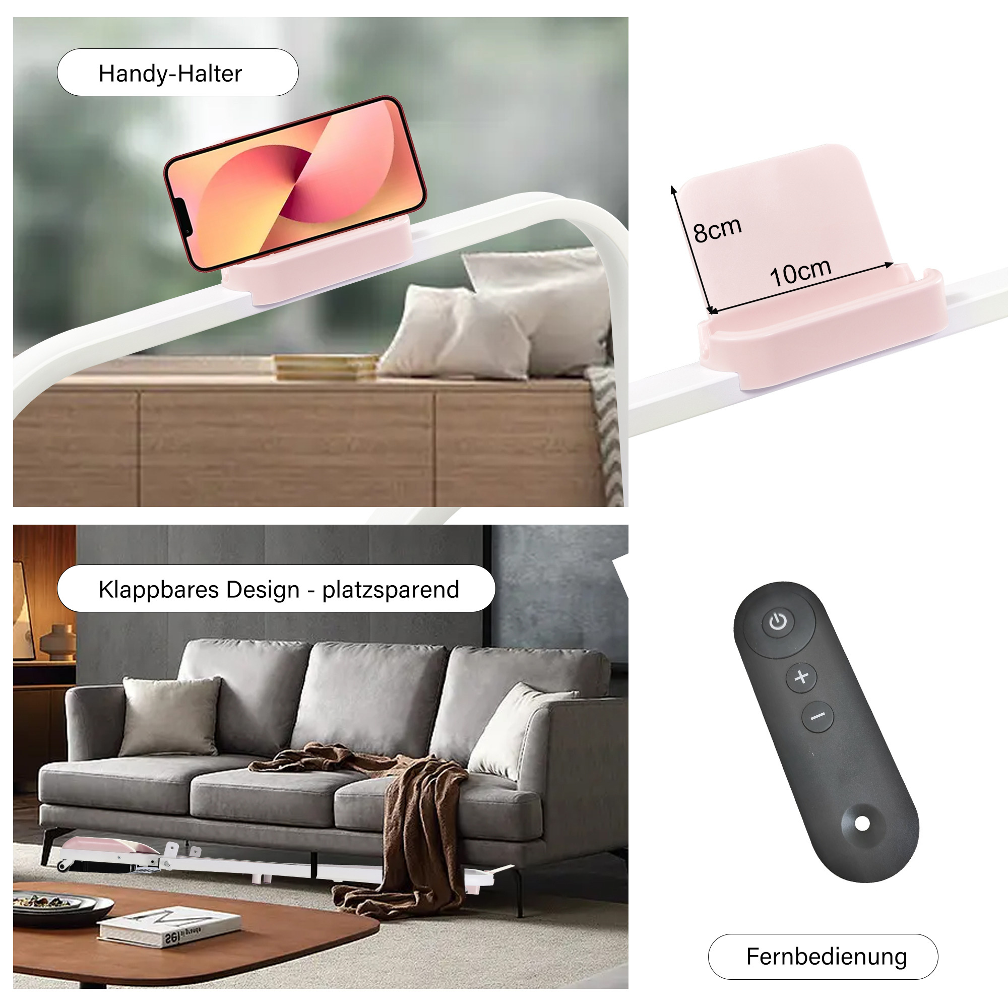 Collage von Objekten: Telefonhalter, Sofa mit Fernbedienung, Abmessungen und Fernbedienung.