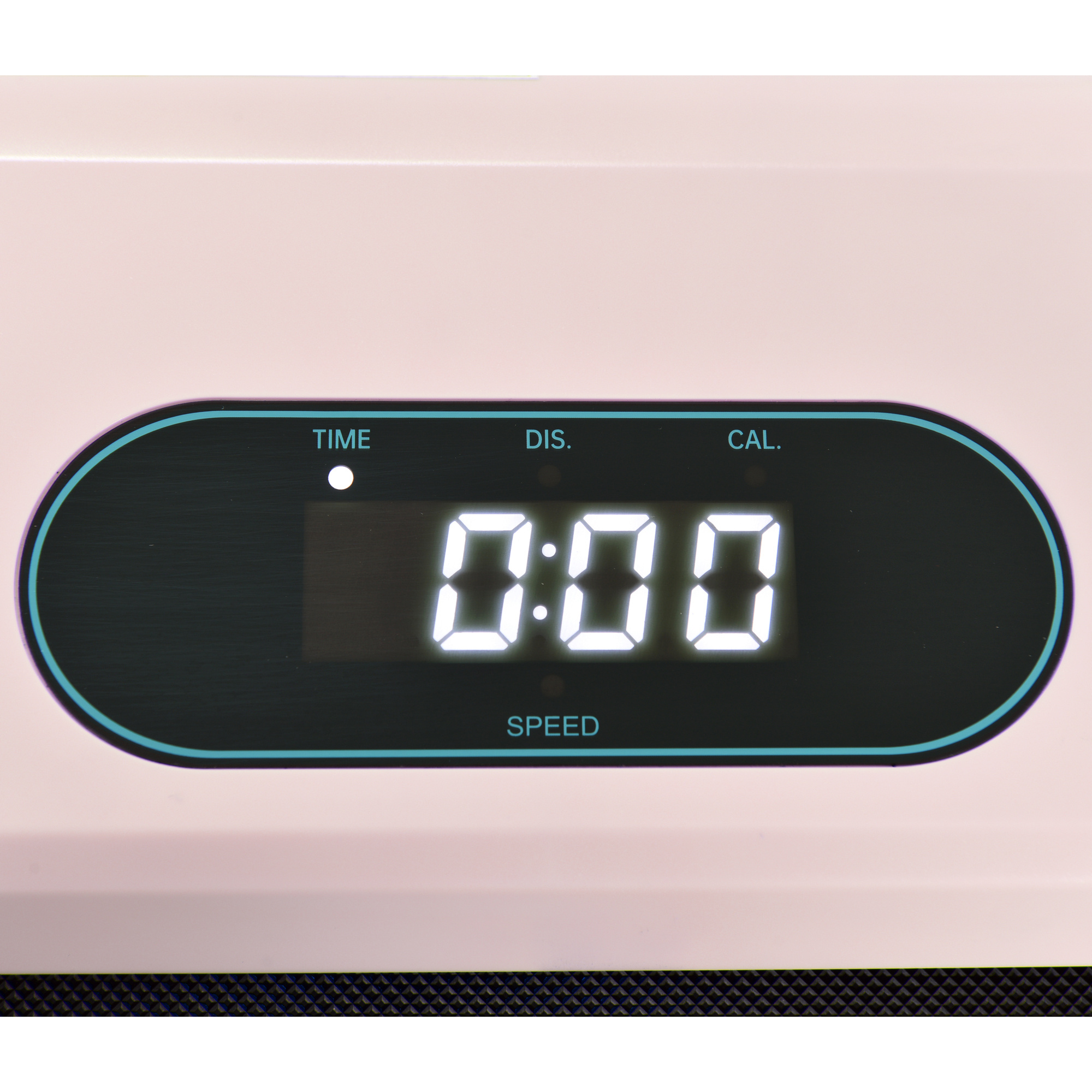 Ein rosa Laufband-Display, das 0:00 für Zeit, Distanz und Kalorien anzeigt.