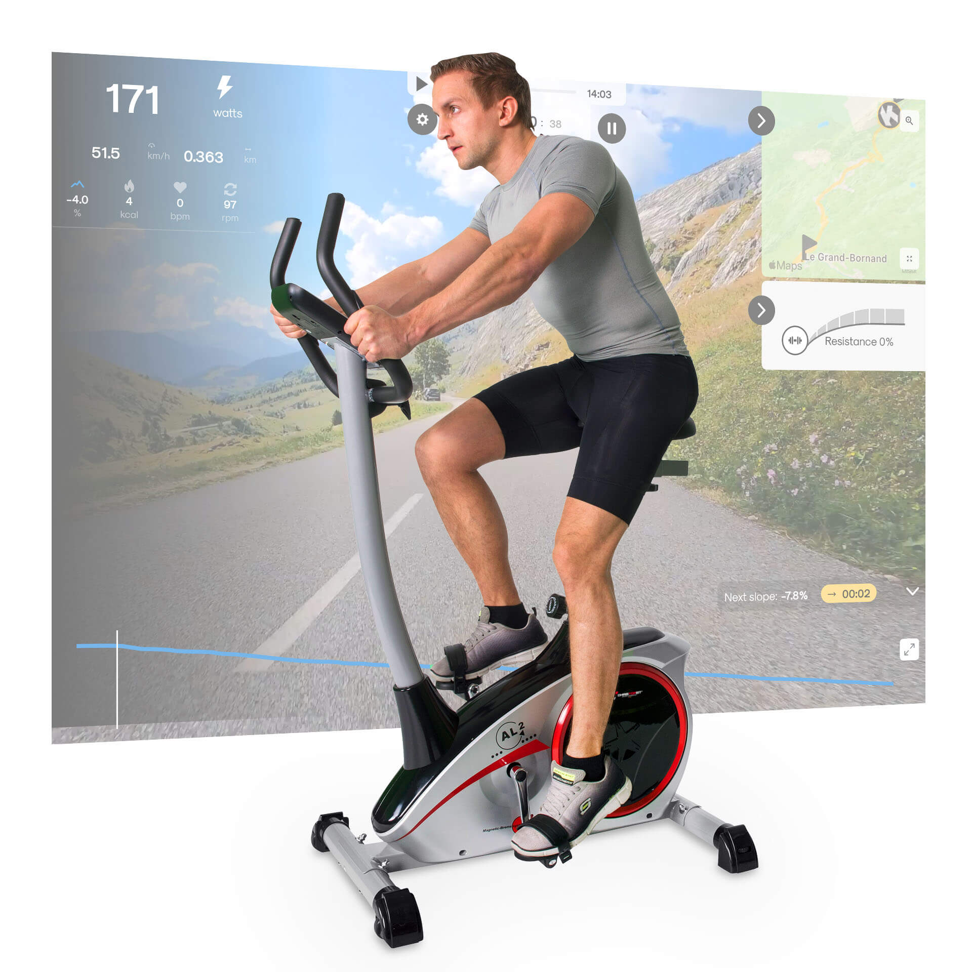 Mann auf einem Heimtrainer mit Bildschirm, der Statistiken und einen Landschaftshintergrund mit einer Karte zeigt.