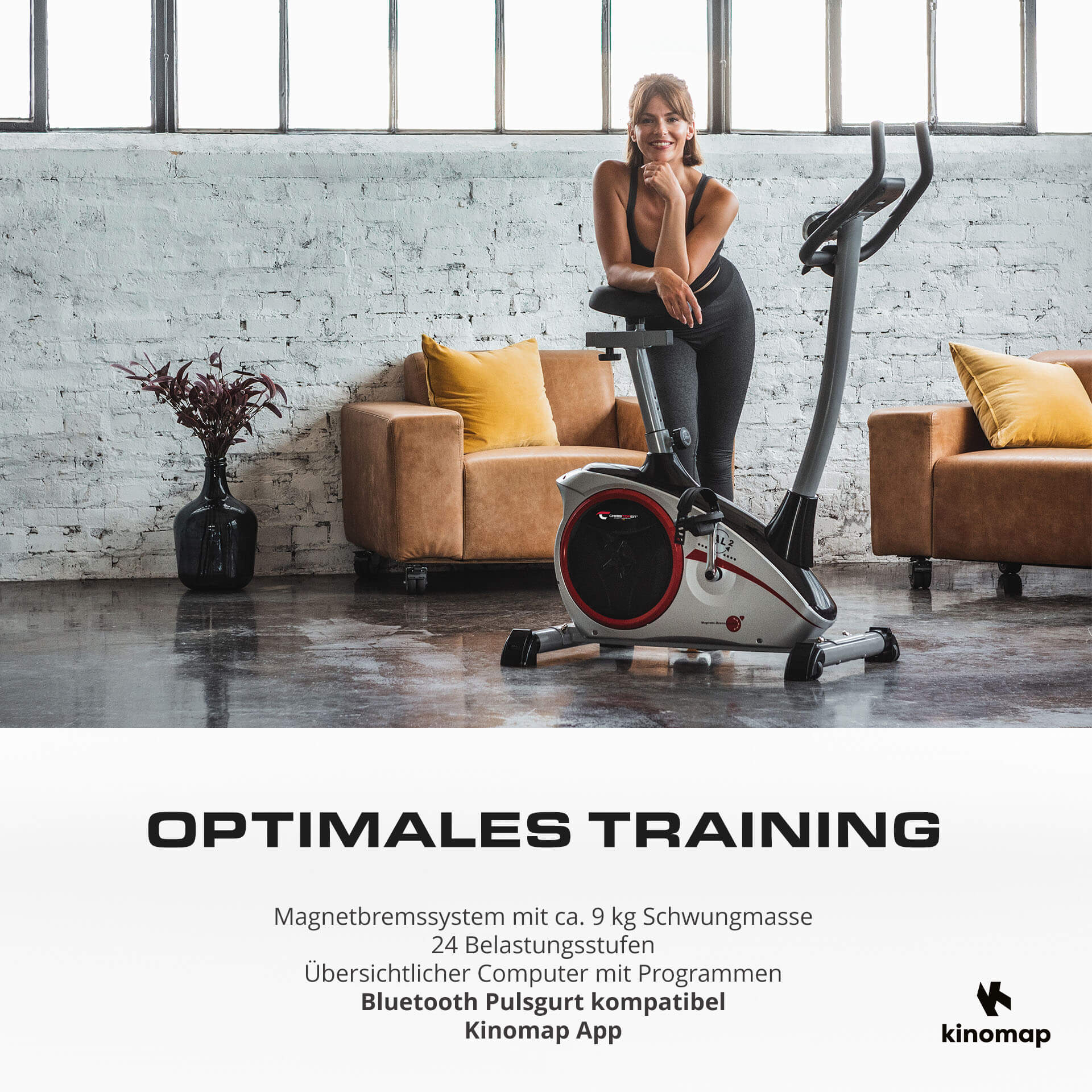 Eine Frau lächelt neben einem Heimtrainer in einem modernen Raum. Der Text lautet 'optimales Training'.