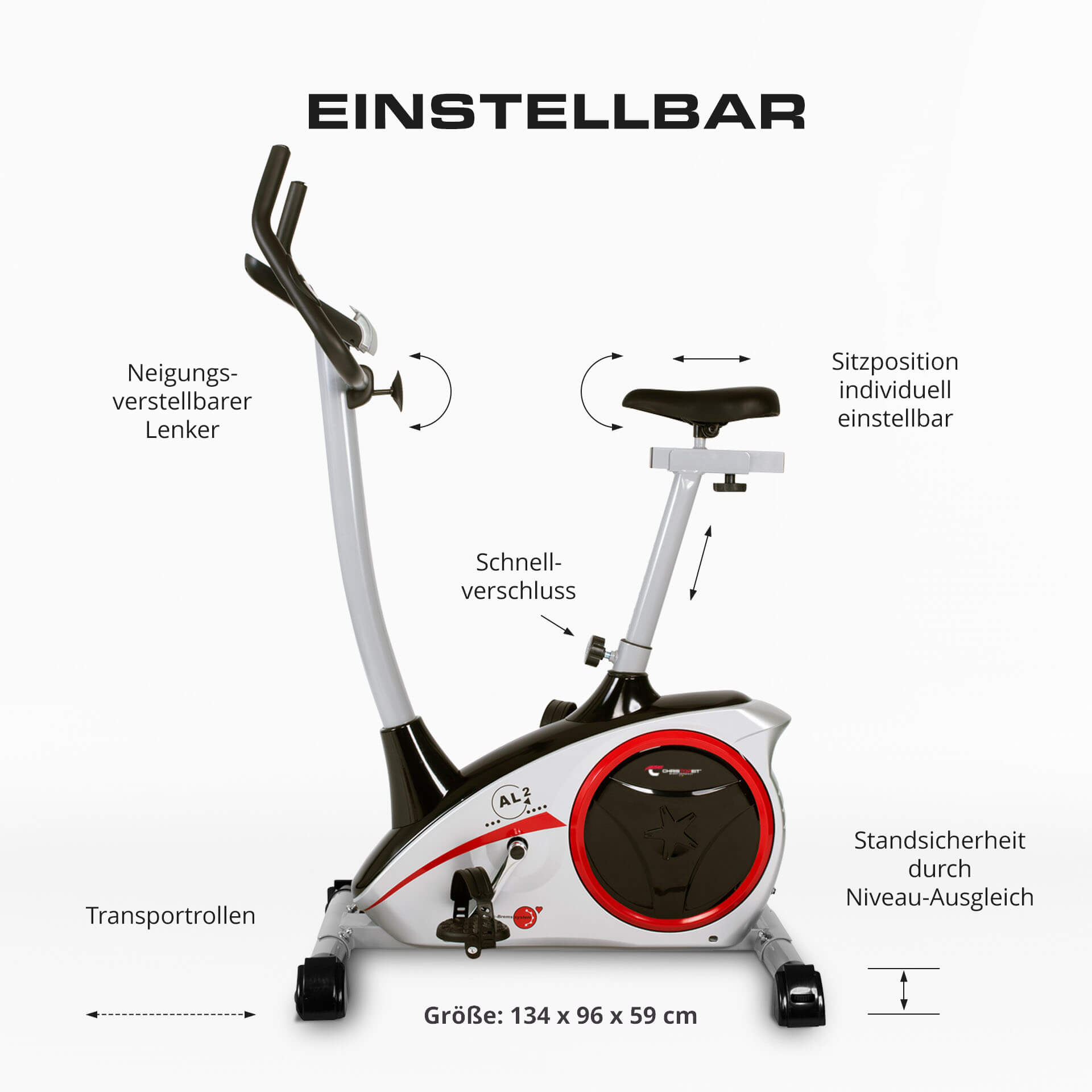 Ergometer mit einstellbaren Funktionen und Größenangaben.
