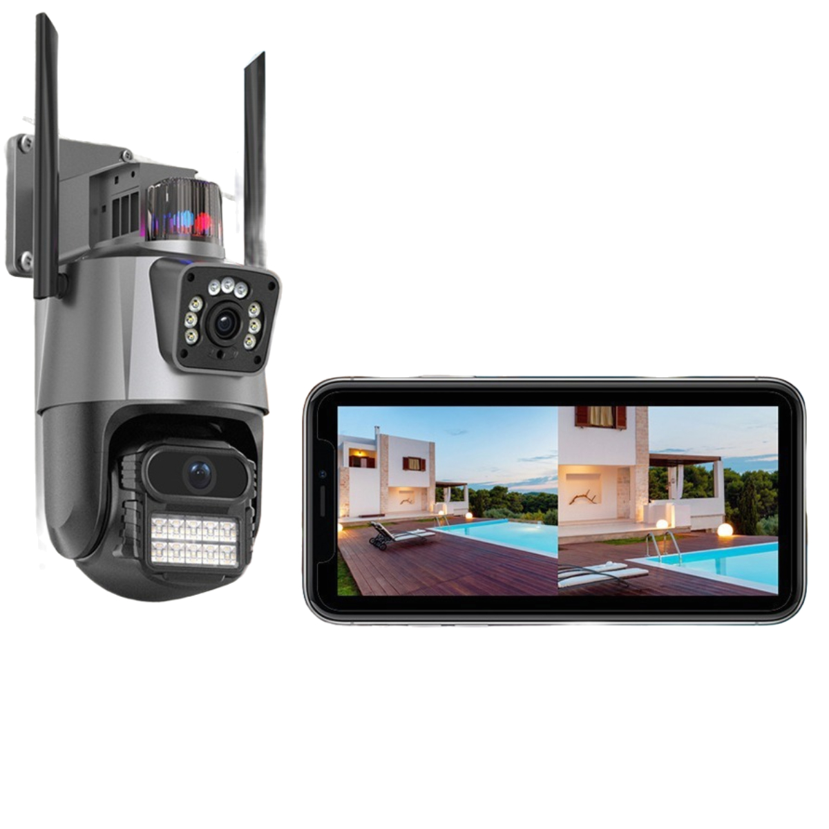 Überwachungskamera und ein Telefon, das Live-Bilder eines Hauses mit Pool anzeigt. Gebäude und Grün.