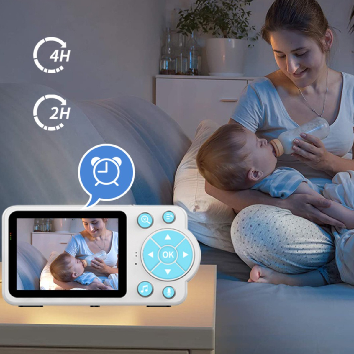 Ein Babyphone zeigt ein Baby beim Füttern, mit einer Mutter im Hintergrund.
