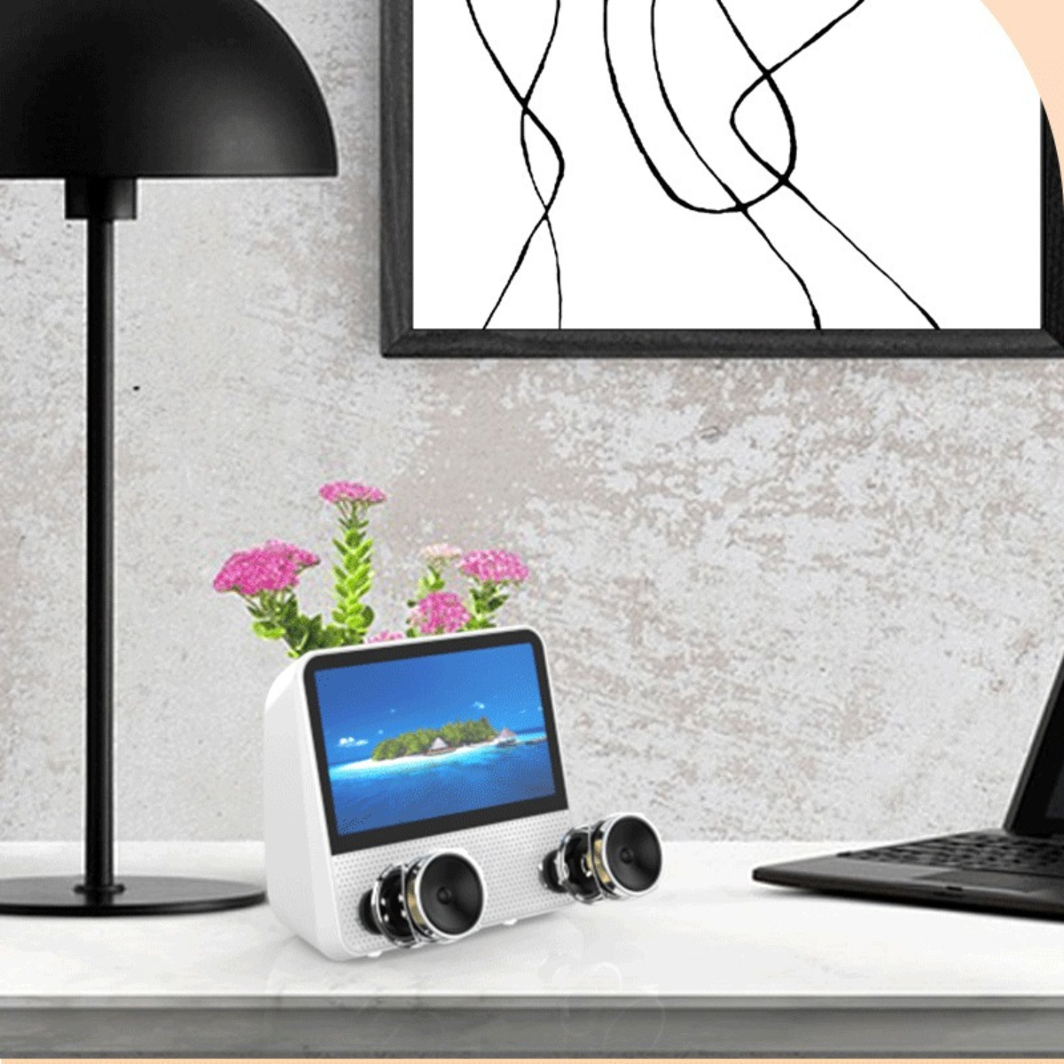 Ein weißer Lautsprecher mit einem Bildschirm, der eine Insel zeigt, und Blumen. Der Hintergrund ist eine Wand.