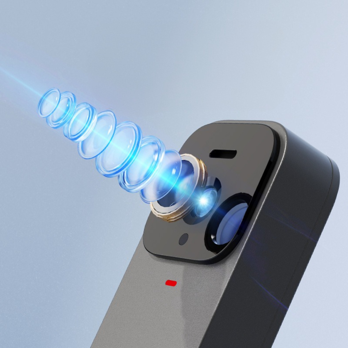 Nahaufnahme einer grauen Türklingelkamera mit Linseneffekt. Blaue Lichtstrahlen werden gezeigt.