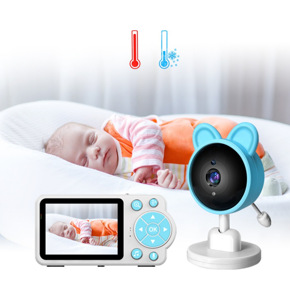 Baby schläft in einem Bett, Babyphone und Kamera daneben.