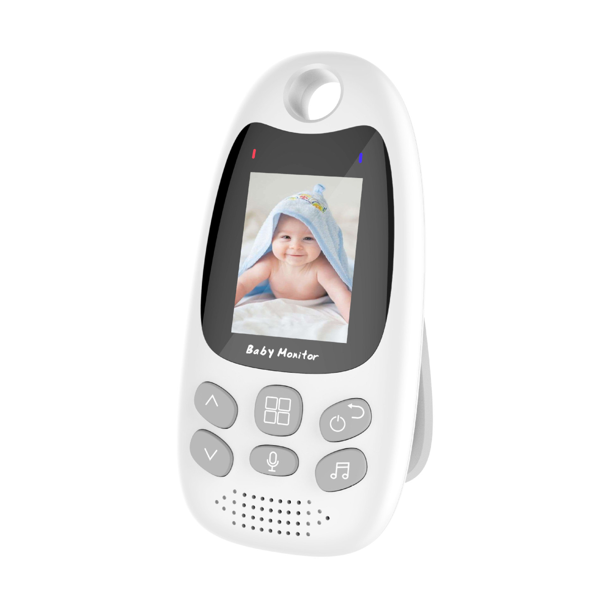 Weißer Babyphone-Monitor mit Baby, darunter Knöpfe.